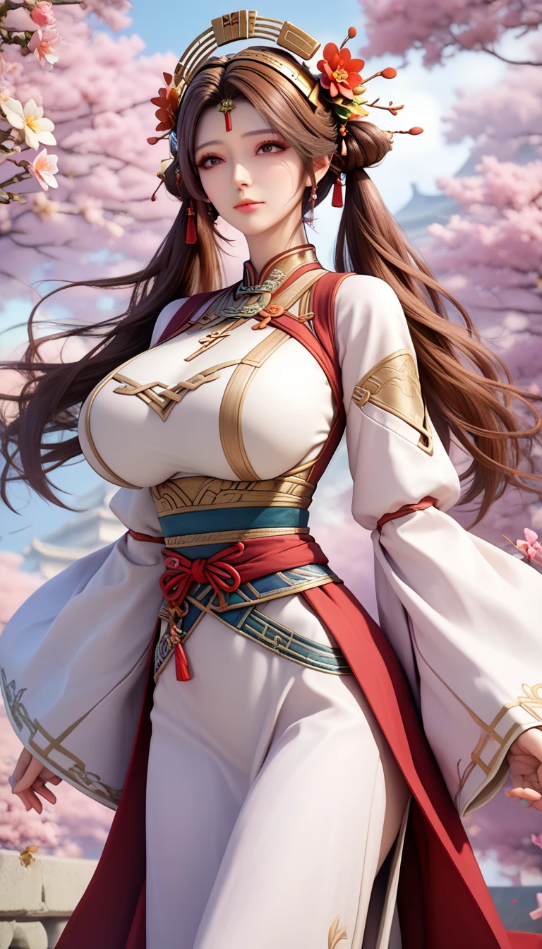 score_9,score_8_up,score_7_up,high res image,masterpiece,best quality,Delicate face,mature female,zmzq,Expressiveh,(brown hair,headpiece,short_twintails,long hair,wide_sleeves,brown eyes,goyain,hair flower:1.4),(long_sleeves,waistband,dress:1.4),(chinese girls:1.2),(big breasts:1.3),(large teardrop breasts:1.4),(huge_ass:1.2),(cowboy_shot:1.3),