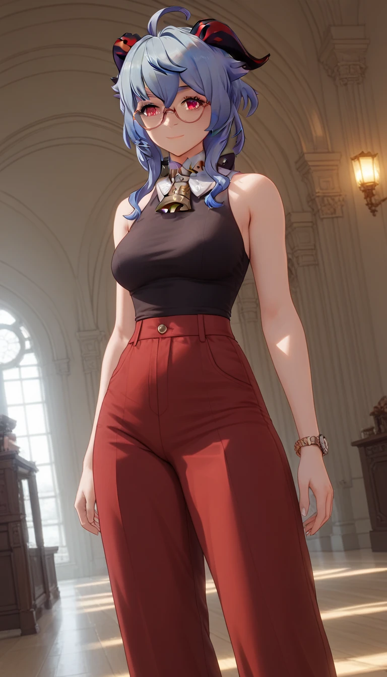 A girl with a collar, baggy pants, barefoot, (best quality,4k,8k,highres,masterpiece:1.2),ultra-detailed, moody lighting,dramatic shadows,warm soft colors,cinematic, red pants , whole body, dynamic pose, natural skin, natural skin texture, subsurface scattering, muted colors, skin pores, score_9, score_8_up, score_7_up, (sfw), (cowboy shot, dutch angle:1.2), 1girl, solo, mature female, smiling, closed mouth , wearing round glasses, 1girl, solo, mature female, ganyu, blue hair, goat horns, horns, long hair, purple eyes, sidelocks, shiney skin, (negative_v2 Color_Balance_Calibration:0.8), unaestheticXL_cbp62 , negativeXL_D
