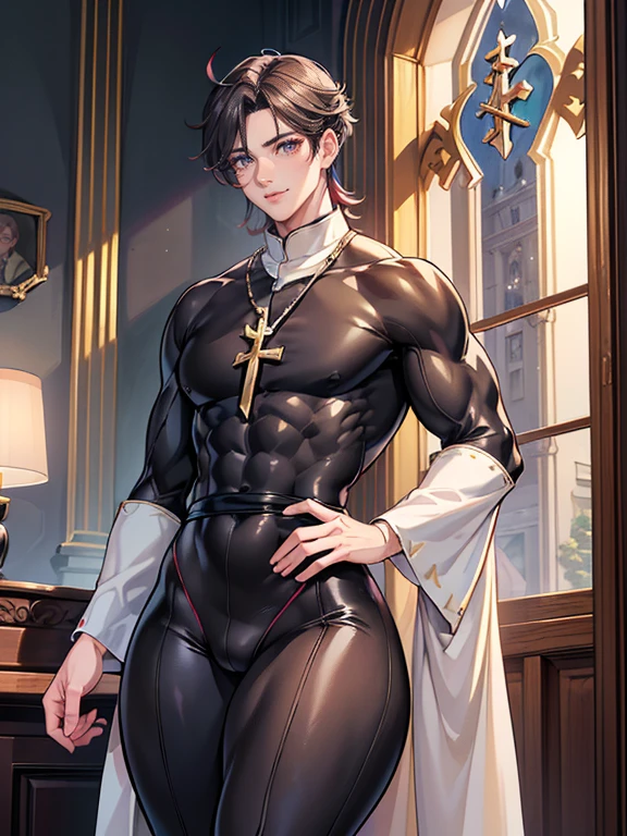 (masterpiece,best quality,ultra_detailed,highres,absurdres), (detailed shadow), (quality light), (webtoon style:1.5), 1 (supermodel idol:1.3) (tall mature male:2.0), (slanty_wide_eyes), 30-ish, (muscleale focus, solo), short (bangs part on side 3:7 ratio), blue eyes (detailed eyes), young beautiful pretty cute elegant (curvy medieval_catholic_male_priest_prostitute:1.9) in (bright_ornamented_embroidered_jeweled_colorful_medieval_catholic_male_priest_prostitute_outfit:1.6) (nipples:1.5) (bulge:1.7) is working (dark_night_monastery:1.8), (eyelashes), (thigh_gap), (slim_slender_thin_svelte_lissom), (athletic_muscular), (wide_chest, wide_shoulders:1.3), (pectorals:1.3), (narrow_waist:1.8), (thick_thighs:1.3), (wide_hips, wide_pelvis:1.8), (warm_smile:1.5), (arched_back), short hair, looking at viewer, parted lips, ((PERFECT_FACE)), ((finely_detailed_beautiful_eyes_and_detailed_face)), (best_illumination, best_shadow, an_extremely_delicate_and_beautiful)