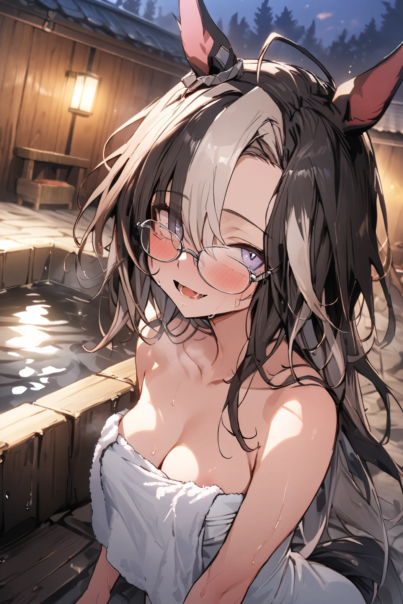 NSFW,masterpiece, top quality, high definition , very detailed,Dream Journey,Dream Journey\(Horse Girl\),Glasses,Two-tone hair,naked,towel,hostel, Outdoor Bath,hot spring