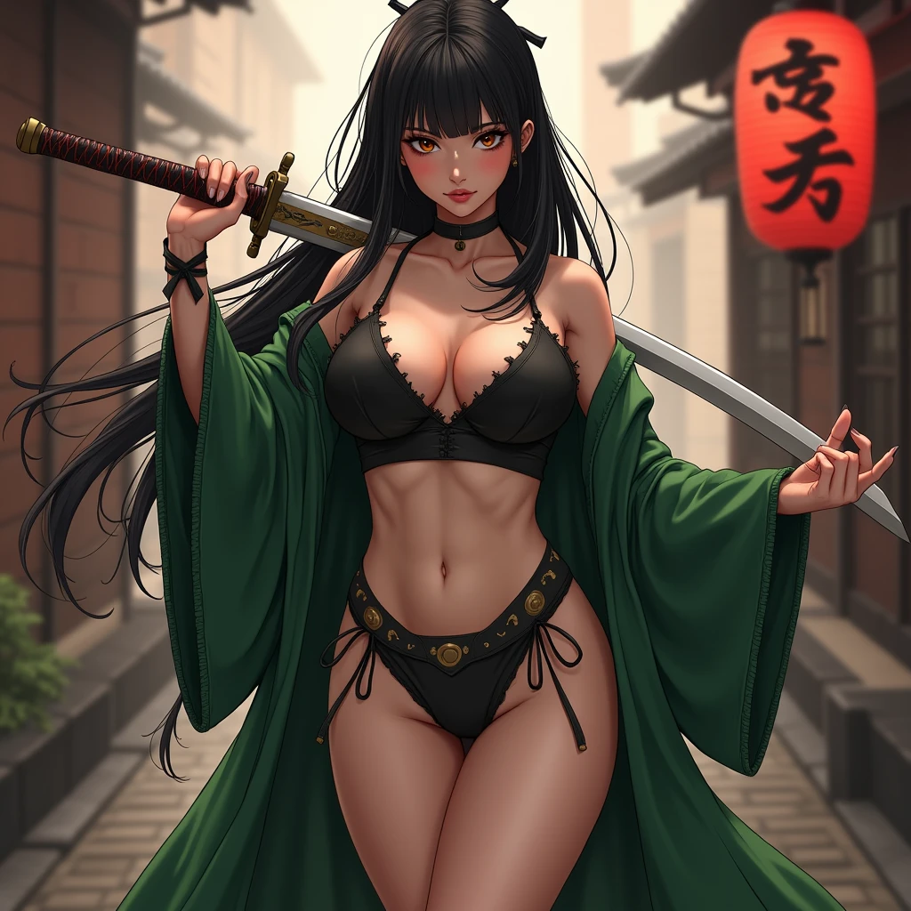 Highest quality, Realistic, Very detailed, finely, High resolution, 8k、Beautiful Japanese Ninja、Tie your hair、Double teeth、A face with dimples、Beautiful inner thighs、Delicate eyes、Facing forward、looking at the camera、Shuriken in the inner thigh、Torn clothes、Sharpen your weapon
