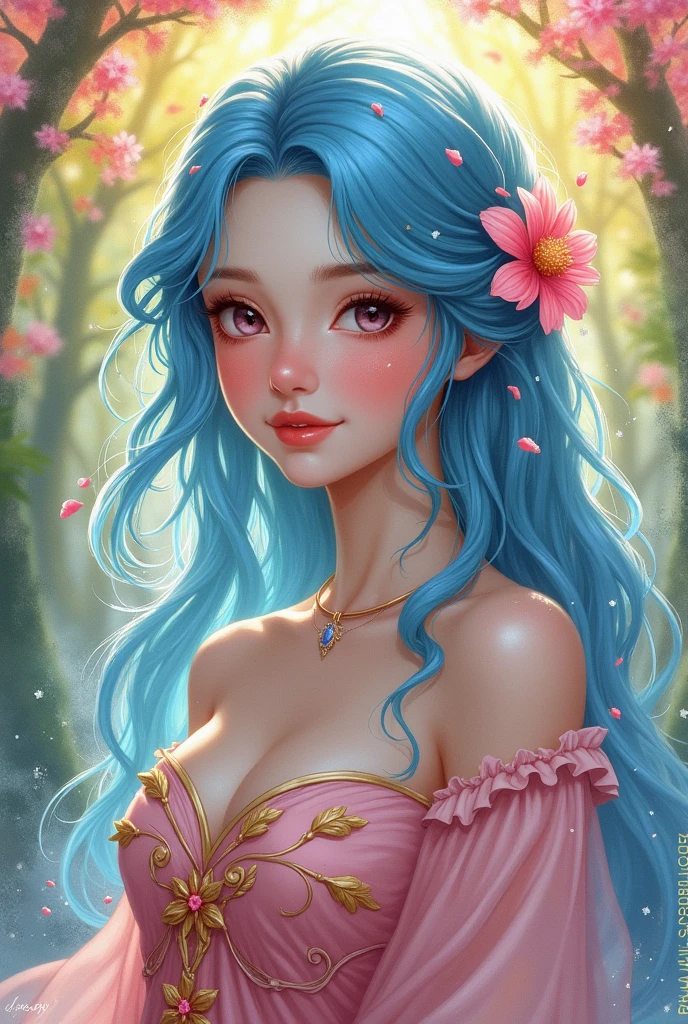 (best quality),(masterpiece:1.2), (colorful:0.9), (ink splashing),(color splashing),((watercolor)), clear sharp focus, model shot,, (portrait goddess of spring:1.5), cute expression,elegant blue colored hair, beautyfull detailed face and eyes, elegant goddess clothing, spring forest background,, colorwater  