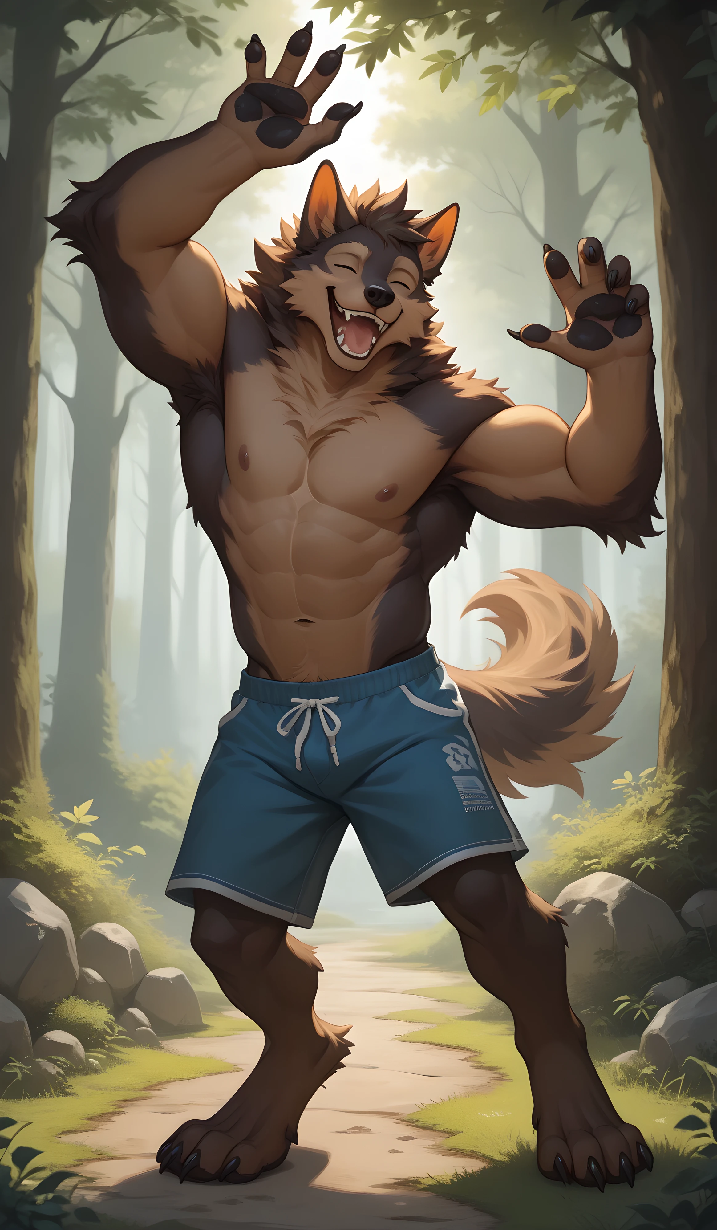 , solo, anthro, ((anime)), ((werewolf)), male, multi colored body, yellow brown and black colors character, naked, opened mouth, head tuft, head up, (closed eye), laugh, (3/4),((full body)), happy, shorts, looking at viewer, opened arms, wanna hug,