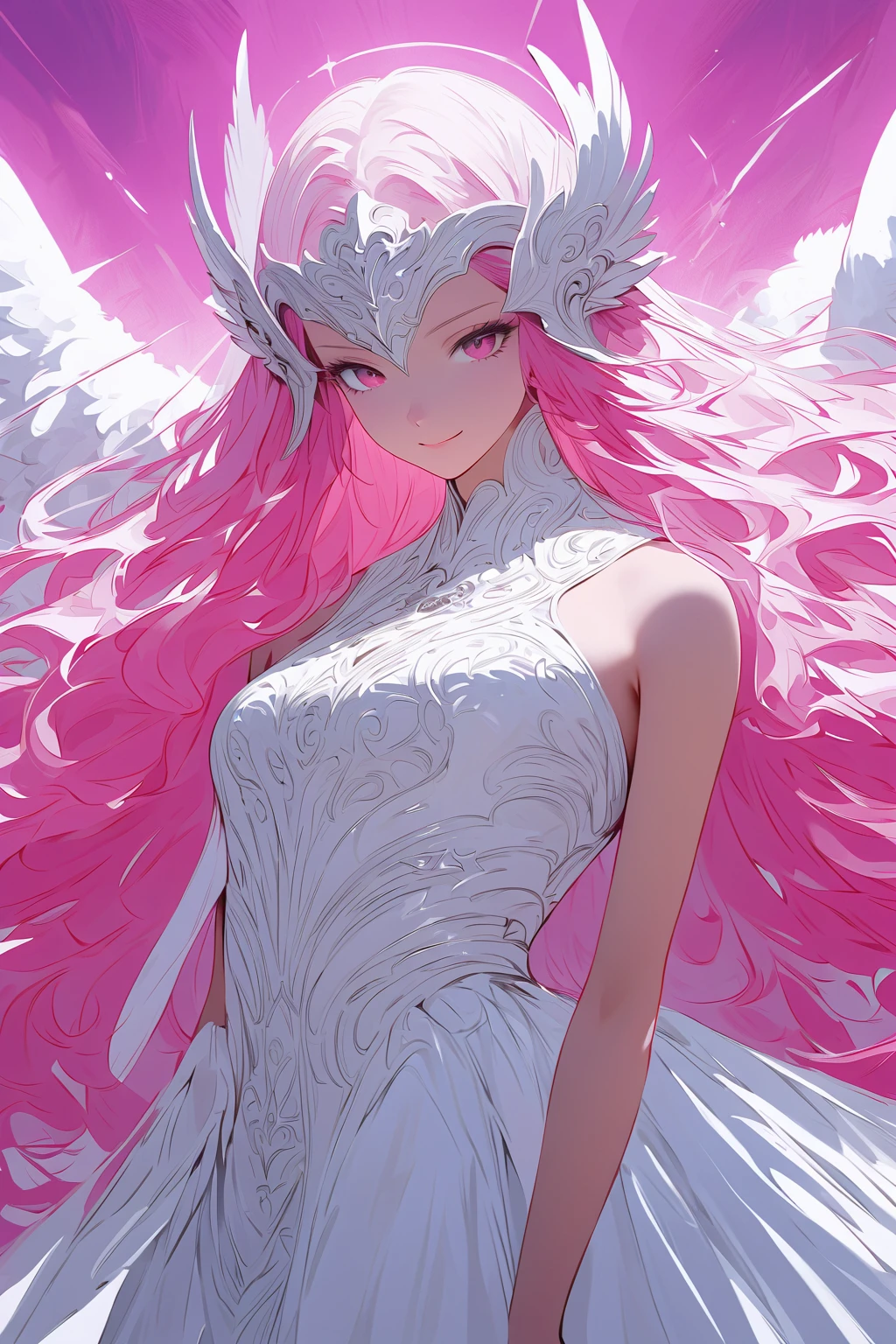 masterpiece, White glowing coral pink hair, long hair, glowing red eyes
Eyes, torn white shoulder strap dress, suspicious atmosphere, eerie, small breasts, white skirt, thin body, Cool Beauty, red concentrated line background, collarbone, red energy bullet, fire, starry star scloud colorful, arms, hands, peace sign, finger, nail, skin suit, ,