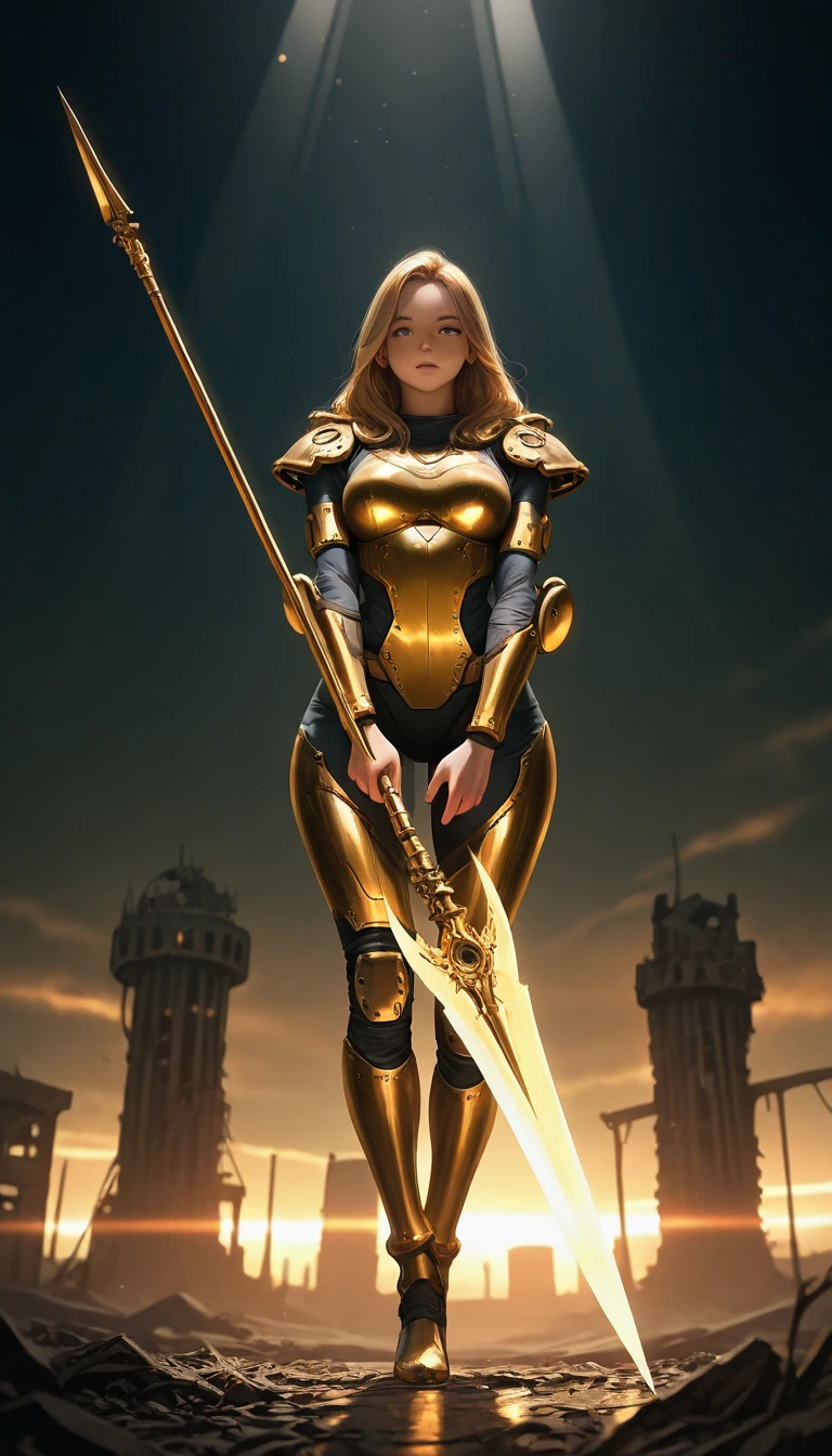 fantasy, mythology, photorealistic, full body shot of beautiful woman, mighty valkirie warrior, front to viewer, futuristic sci-fi clothes in legendary nordic mythology style, holding golden spear with both hands, abandoned viking city in background, masterpiece, ultra-detailed, proto-realistic, 8k, film grain, the golden rule of the tri-partite frame, cinematic light and composition, gods rays, bokeh, full body shot, dynamic pose, 