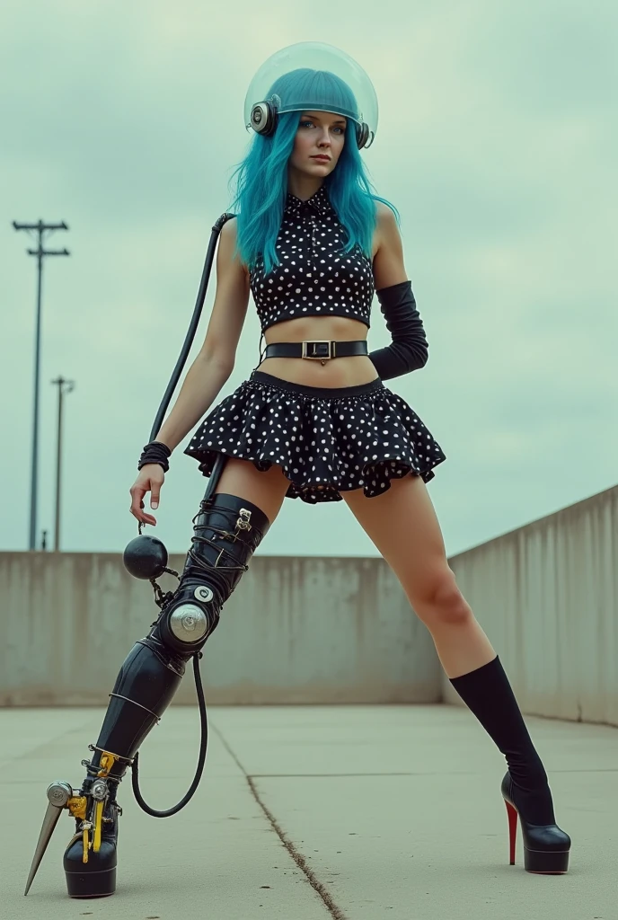 photorealism , a beautiful girl with long wavy hellblaue hair and in black stocking and high heeled black ballet shiny shoe on her right leg with left peg leg with no sole, erase left shoe and foot and sole, her left arm and elbow is retro artificial prothesis with wire thumbs, her right arm is in nylon stocking, mouth wide opened like she articulates sound "a", dog muzzle with corrugated hose is on her mouth or ball gag is in her mouth with black belt around her head, stands spreading leg and peg leg with no sole far wide apart on tiptoes , her head is closed in transparent glass spheric helmet around her head, her head with hair is inside of glass sphere, polio braces on her body and leg, blue very short polka-dot retro rockabilly dress with collar, waist garter belt with stocking suspenders and clips and bands, a backpack is behind her back, a gas cylinder in her backpack tight to her back, thick black hoses plugged and connected to her legs in different places, thick black hoses plugged and connected to her crotch and left chin, a steel sphere with chain connected to her right foot, Just one girl on the shot, three-quarter view , one end of steel bar attached to a wall and another attached to her foot, shot from head to toes, no any shoe on her left leg just a spear tip, rig drop holster attached with a pair of black belts to her right leg, peg leg ends with steel tip or spike, no pants, heavy steel chain embraces her leg and leading to a steel sphere, her crotch is covered with transparent glass dome and exhibited to observer, no flat shoes and no boots but high heel shoe on her right foot, peg leg with no sole and no foot is replaced with thick steel spear, black and yellow road jackhammer instead her peg-leg, full-length photo , her boobs are under glass domes visible, her dress lifted up by a gust of wind from below that you can see top of stocking and garter, she is riding a monocycle standing on pedals