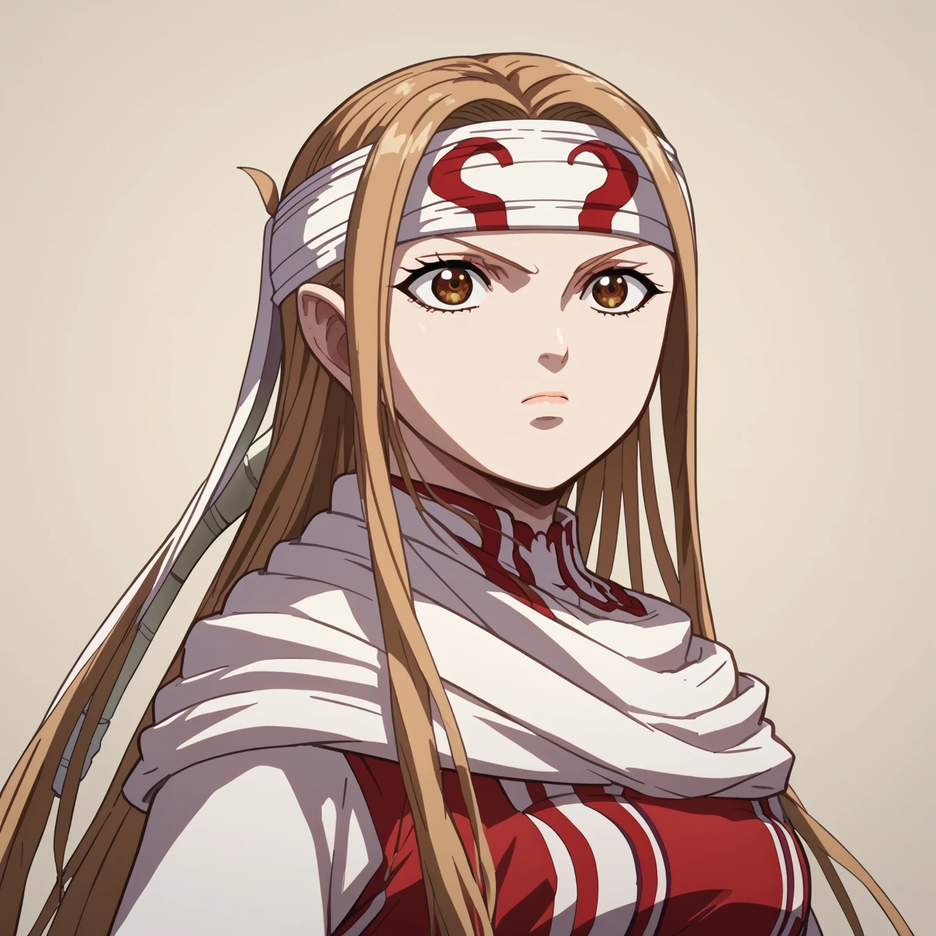 ((((cowboy shot )))) brown eyes very accurate clothing sharp gaze score_9, score_8_up, score_7_up, (((headband on forehead))) detailed clothing beautiful girl kyoukai anime style ((asuna yuuki))