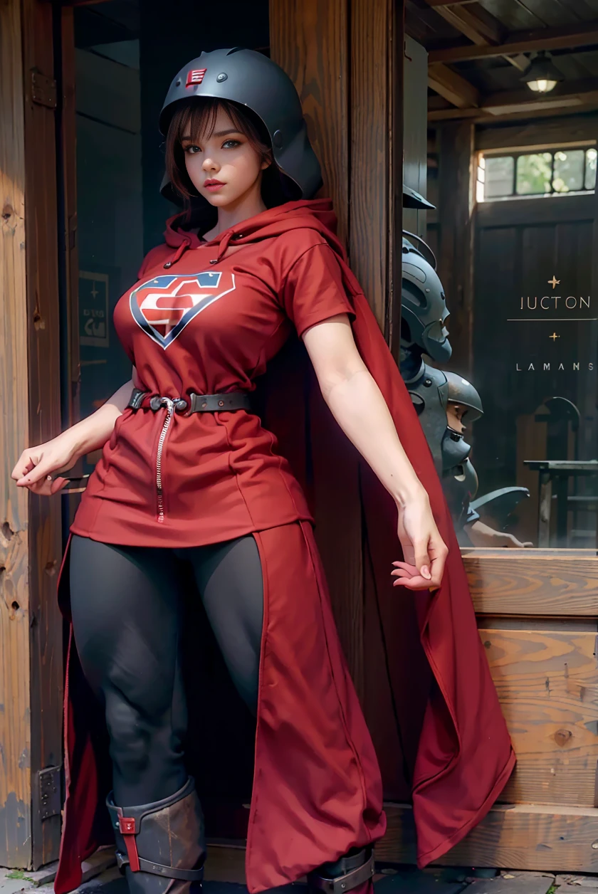 One Woman Super Girl Outfit Metal Boot Robotic Arms Sexy Red Hoodie Helmet, seios grandes, athletic body, botas pretas nuas, calcinha preta, capa preta com capuz, acara do batiman nsfw 