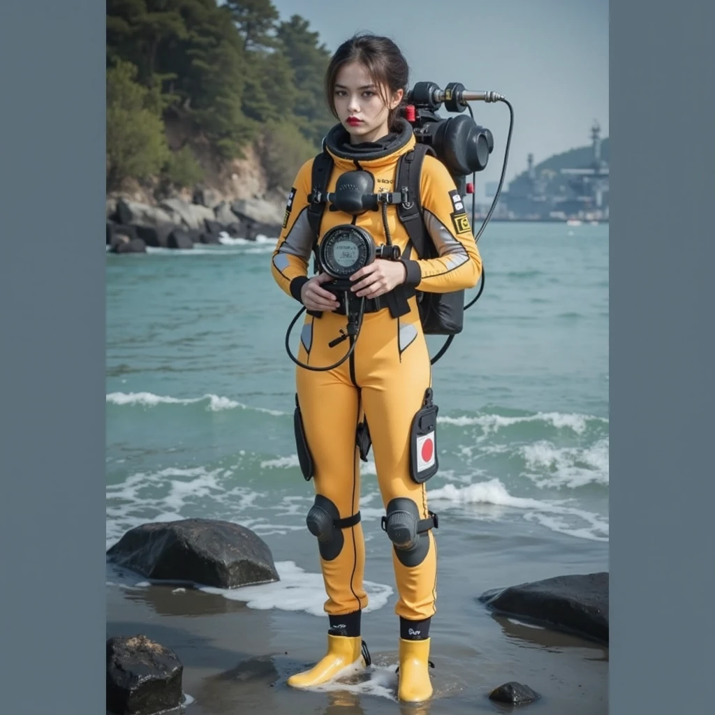 A documentary photo, Photo-realistic, ultra-realistic, (Japanese beautiful young woman, famous Japanese idol, boyish cool face:1.3), wetlook rubberish pink clothes,, she is a military diver of Japan navy, experienced military diver, wearing a professional wetsuits for military diver with professional scuba equipment, She is on a shlre, She is preparing to scuba dive for a lifesaving mission, there is a large battle ship behind her,, Natural Makeup, boyish face ,Front View:1.21, Perfect Anatomy:1.21, Small head:1.21, Slender body:1.37, Narrow waist:1.5, Thin limbs:1.5, Flat Chest:1.5, Anatomically correct limbs, Diving Suits warm  wetlook (high  collar, downed hood), Fully equipped for diving, Very cute Japanese woman, Brown Hair, Chignon Hair, Calm sea in qinter, Dynamic and emotional movie lighting, 