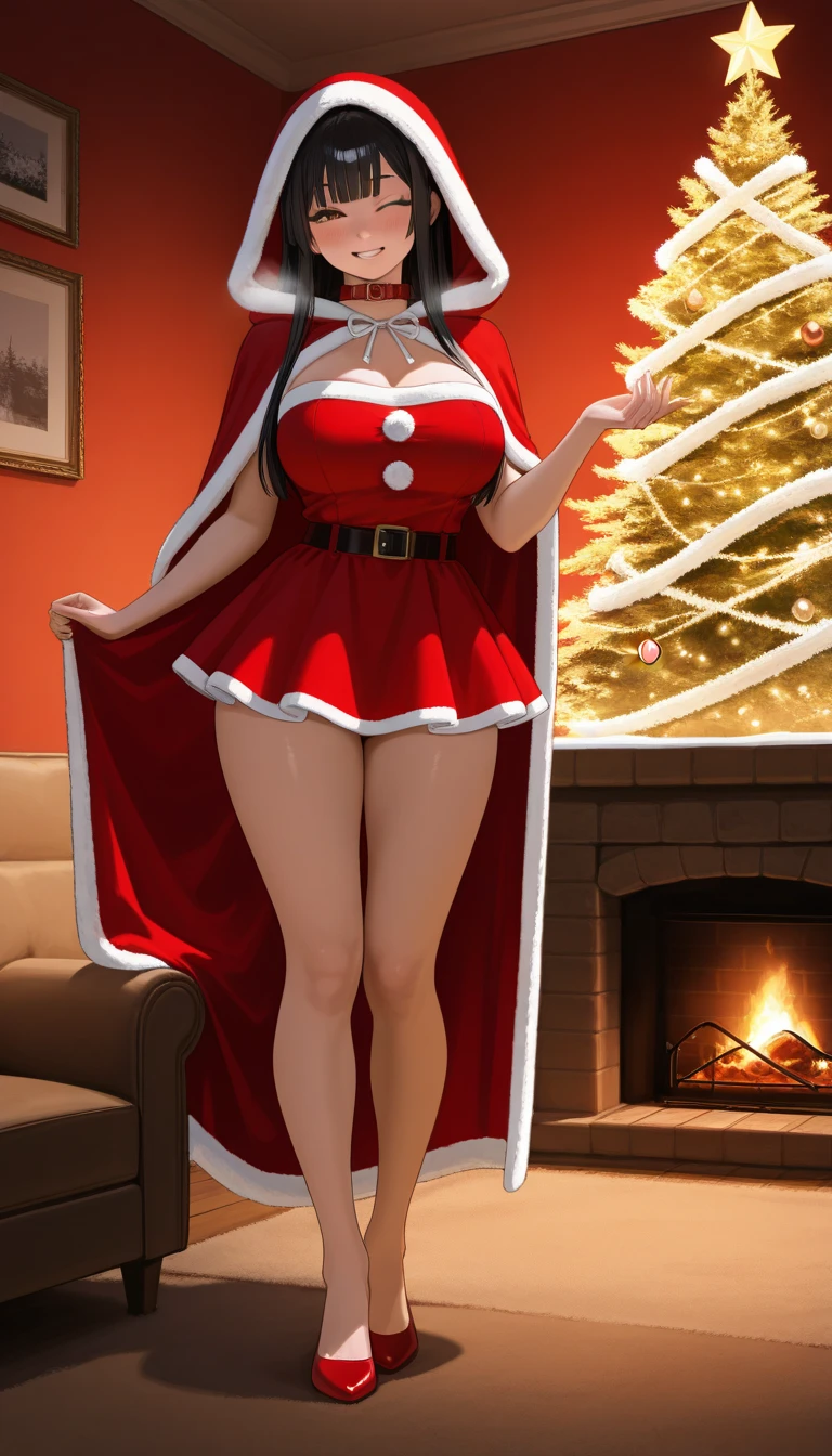 ((8k, HDR, Full body, entire figure, Beautiful European girl 25 years old, round face, closeup, slim body, intense blue electric eyes, detailed eyes, black hair, very long hair, Perfect proportions, gigantic breast, dynamic  pose, look at the camera)), ((Masterpiece, highest best quality, realistic photos, ultra-detailed, ultra-intricated)), (movie lighting, complex), Craft a charming SeaArt scene featuring a beautiful girl with long brown hair and captivating intense blue eyes. The setting is beneath a grand Christmas tree adorned with faux white snow on its branches. The girl stands gracefully next to the tree, looking towards the viewer with a radiant smile. She is dressed in a form-fitting red velvet dress with white trim, reminiscent of Santa Claus's attire, complete with a matching hat. She also wears a pair of red stockings in the same shade as the dress. Beneath the tree, numerous gifts wrapped in glossy and colorful  await. The atmosphere is festive and nostalgic, with the glow of a lit fireplace in the background adding to the holiday charm.