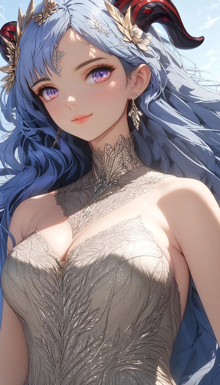 a long elegant dress, lace dress, shimmering dress, formal dress, beautiful girl wearing dress, beautiful woman in dress, detailed face, detailed eyes, detailed lips, intricate dress design, high fashion, luxury dress, (best quality,4k,8k,highres,masterpiece:1.2),ultra-detailed, cinematic lighting, soft lighting, warm color tones, dramatic shadows, detailed fabric textures, high-end fashion photography, natural skin texture, subsurface scattering, muted colors, skin pores, score_9, score_8_up, score_7_up, (sfw), (cowboy shot, dutch angle:1.2), 1girl, solo, mature female, smiling, closed mouth , wearing round glasses, 1girl, solo, mature female, ganyu, blue hair, goat horns, horns, long hair, purple eyes, sidelocks, shiney skin, (negative_v2 Color_Balance_Calibration:0.8), unaestheticXL_cbp62 , negativeXL_D, adult female , mature female, whole body, cleavage, anime cover
