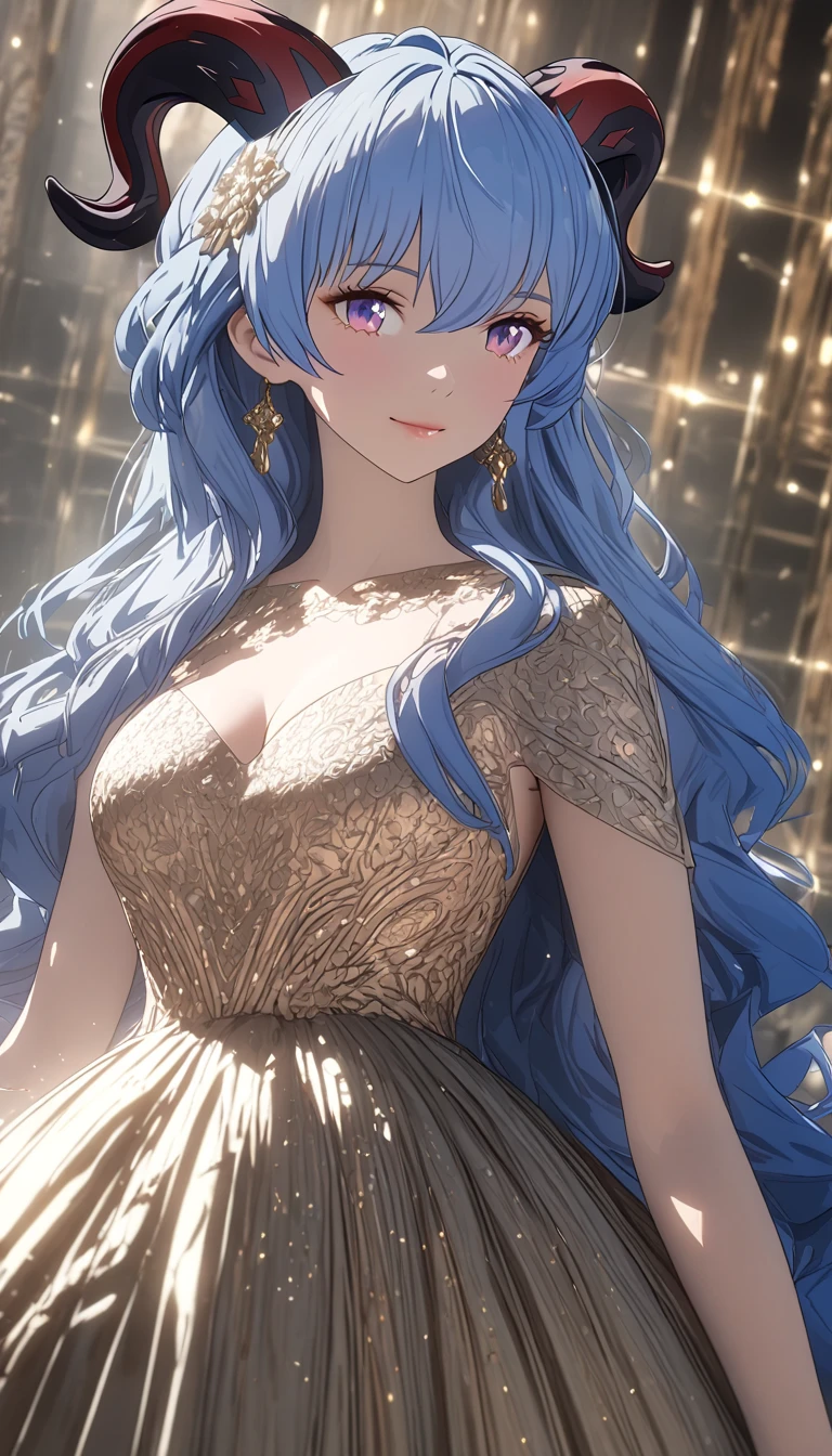 a long elegant dress, lace dress, shimmering dress, formal dress, beautiful girl wearing dress, beautiful woman in dress, detailed face, detailed eyes, detailed lips, intricate dress design, high fashion, luxury dress, (best quality,4k,8k,highres,masterpiece:1.2),ultra-detailed, cinematic lighting, soft lighting, warm color tones, dramatic shadows, detailed fabric textures, high-end fashion photography, natural skin texture, subsurface scattering, muted colors, skin pores, score_9, score_8_up, score_7_up, (sfw), (cowboy shot, dutch angle:1.2), 1girl, solo, mature female, smiling, closed mouth , wearing round glasses, 1girl, solo, mature female, ganyu, blue hair, goat horns, horns, long hair, purple eyes, sidelocks, shiney skin, (negative_v2 Color_Balance_Calibration:0.8), unaestheticXL_cbp62 , negativeXL_D, adult female , mature female, whole body, cleavage, anime cover
