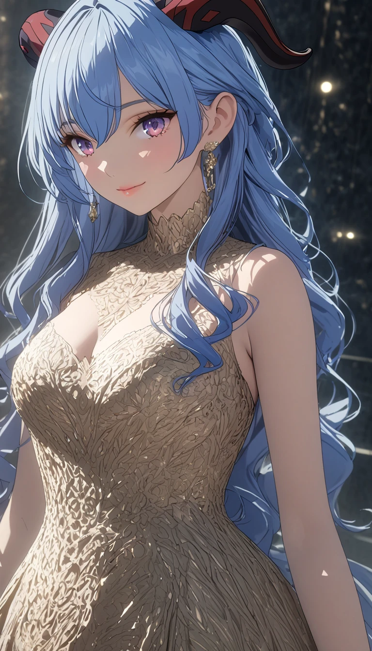 a long elegant dress, lace dress, shimmering dress, formal dress, beautiful girl wearing dress, beautiful woman in dress, detailed face, detailed eyes, detailed lips, intricate dress design, high fashion, luxury dress, (best quality,4k,8k,highres,masterpiece:1.2),ultra-detailed, cinematic lighting, soft lighting, warm color tones, dramatic shadows, detailed fabric textures, high-end fashion photography, natural skin texture, subsurface scattering, muted colors, skin pores, score_9, score_8_up, score_7_up, (sfw), (cowboy shot, dutch angle:1.2), 1girl, solo, mature female, smiling, closed mouth , wearing round glasses, 1girl, solo, mature female, ganyu, blue hair, goat horns, horns, long hair, purple eyes, sidelocks, shiney skin, (negative_v2 Color_Balance_Calibration:0.8), unaestheticXL_cbp62 , negativeXL_D, adult female , mature female, whole body, cleavage, anime cover
