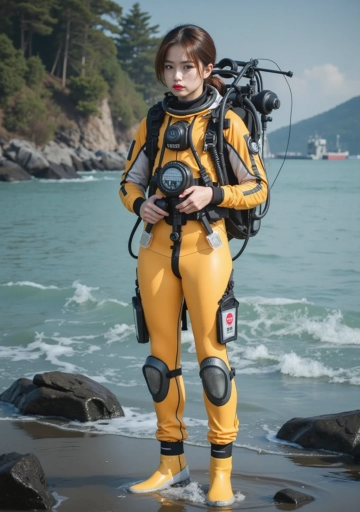 A documentary photo, Photo-realistic, ultra-realistic, (Japanese beautiful young woman, famous Japanese idol, boyish cool face:1.3), wetlook rubberish pink clothes,, she is a military diver of Japan navy, experienced military diver, wearing a professional wetsuits for military diver with professional scuba equipment, She is on a shlre, She is preparing to scuba dive for a lifesaving mission, there is a large battle ship behind her,, Natural Makeup, boyish face ,Front View:1.21, Perfect Anatomy:1.21, Small head:1.21, Slender body:1.37, Narrow waist:1.5, Thin limbs:1.5, Flat Chest:1.5, Anatomically correct limbs, Diving Suits warm  wetlook (high  collar, downed hood), Fully equipped for diving, Very cute Japanese woman, Brown Hair, Chignon Hair, Calm sea in qinter, Dynamic and emotional movie lighting, 