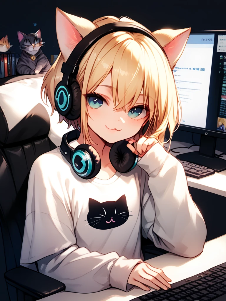 good quality, twitch, split hair, black and blonde, oversized T-shirt with long sleeves, computer, ((headphones with cat ears)) sitting on a computer chair, flat chest, short hair, long bangs, (((adult))), beautiful face, happy face