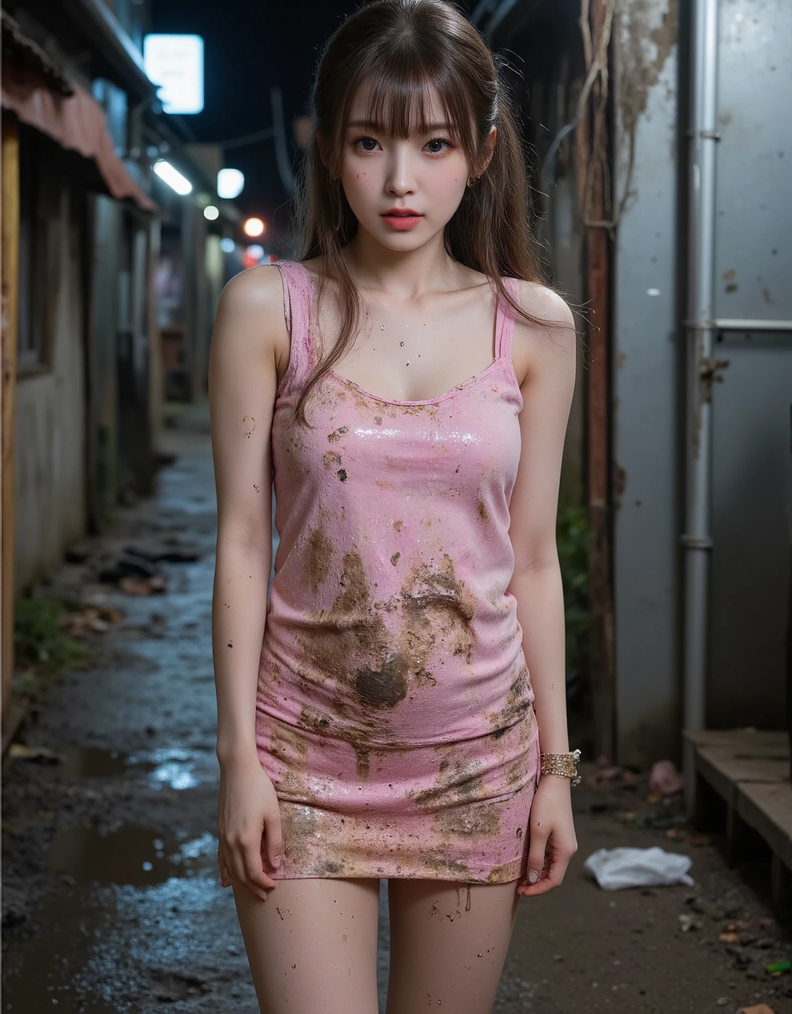 NSFW, mud, dirt, xlr_skin, 3am,
realistic, Press photo, Documentary Technique, Very clear image, HDR,
(full body visible:1.5), 
In this photo she is seen from head to toe,
the ground she is standing on is wet,
facing the camera, looking at the camera,
young korean girl,
pony tail, bangs,
arin is Cheap hookers in the slums, poor whore, slutty whore, (very young whore:1.3), 
arin is ultimate_beautiful_girl,
she is lowteen,
big round brown eyes, 
she has very white skin, 
Her skin is very white but covered with numerous scars and bumps,
she has dark brown hair, 
her legs is fat, 
The costume consisting of a tank top on top and an ultra-miniskirt on bottom is a stage outfit she wore when she was an idol but it is old and very dirty,
The tank top has a heart pattern on it,
Her clothes are so stained that their original pink colours are barely recognisable,
her clothes are thin,
Her clothes are old and very dirty,
She is not wearing underwear, 
she is not wearing panties,
she is very dirty,
She has a tattoo of a poop pattern carved in ink on her stomach,
She is in the early stages of pregnancy,
The bulge in her stomach is still not noticeable,
Her hair is very dirty,
Her skin is very dirty,
She's disillusioned with life and feeling hopeless,

She is a slum dweller and is very dirty,
she looks unhealthy,
she prostitutes herself in the slums,
her customers are beggars,
she has many wart,
she has many scars,
Her clothes have a lot of stains,
some of stains are black some yellow some red,
Her clothes are torn in places,

The slums are dark at night, 
only the brothel's red lantern glows dimly,
She beckons the men with a blank look on her face,
A room in a cheap apartment in a slum, 
She lives in a tiny, filthy room in the slums,
where she sells herself,
extremely small, 
windowless, 
messy room,
Dirty mattresses on the floor,
the room full of garbage, trush, garbage, sluminterior, porn, nude, cum, cum drip,  cumrag, cumrag clothes, cumrag object,  It's a dark