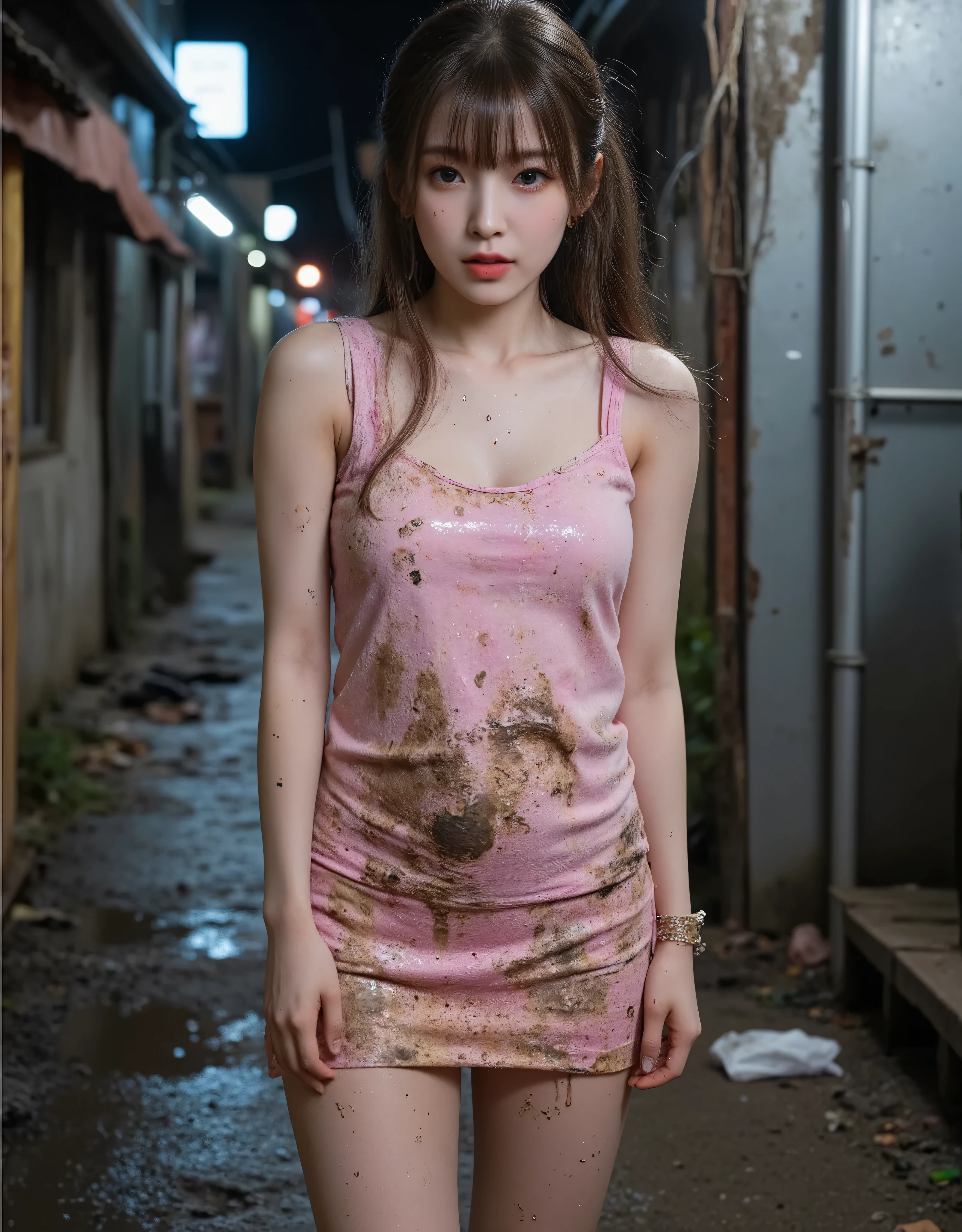 NSFW, mud, dirt, xlr_skin, 3am,
realistic, Press photo, Documentary Technique, Very clear image, HDR,
(full body visible:1.5),
In this photo she is seen from head to toe,
the ground she is standing on is wet,
facing the camera, looking at the camera,
young korean girl,
pony tail, bangs,
arin is Cheap hookers in the slums, poor whore, slutty whore, (very young whore:1.3),
arin is ultimate_beautiful_girl,
she is lowteen,
big round brown eyes,
she has very white skin,
Her skin is very white but covered with numerous scars and bumps,
she has dark brown hair,
her legs is fat,
The costume consisting of a tank top on top and an ultra-miniskirt on bottom is a stage outfit she wore when she was an idol but it is old and very dirty,
The tank top has a heart pattern on it,
Her clothes are so stained that their original pink colours are barely recognisable,
her clothes are thin,
Her clothes are old and very dirty,
She is not wearing underwear,
she is not wearing panties,
she is very dirty,
She has a tattoo of a poop pattern carved in ink on her stomach,
She is in the early stages of pregnancy,
The bulge in her stomach is still not noticeable,
Her hair is very dirty,
Her skin is very dirty,
She's disillusioned with life and feeling hopeless,
She is a slum dweller and is very dirty,
she looks unhealthy,
she prostitutes herself in the slums,
her customers are beggars,
she has many wart,
she has many scars,
Her clothes have a lot of stains,
some of stains are black some yellow some red,
Her clothes are torn in places,
The slums are dark at night,
only the brothel's red lantern glows dimly,
She beckons the men with a blank look on her face,
A room in a cheap apartment in a slum,
She lives in a tiny, filthy room in the slums,
where she sells herself,
extremely small,
windowless,
messy room,
Dirty mattresses on the floor,
the room full of garbage, trush, garbage, sluminterior, porn, nude, cum, cum drip, cumrag, cumrag clothes, cumrag object, It's a dark