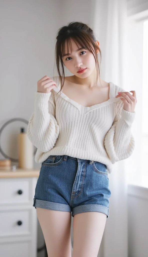   top quality,  very detailed, (Watercolor), bloom,  delicate and beautiful, shape, (from below),( 1 girl:1.4), (Alone:1.2), Big Breasts, ( Rib Knit Sweater:1.3),  off shoulder sweater, (Shorts:1.2), Bare shoulders, ( Underbob ), (( white skin:1.2)),   beautiful eyes , ( messy hair standing in the way ),  photoshoot,  Over-the-Shoulder Shot, ,  professional , Canon Camera, Nikon Camera,  sharp, Bokeh,  Studio Quality ,  fisheye lens, Miss Robert Capa  ,