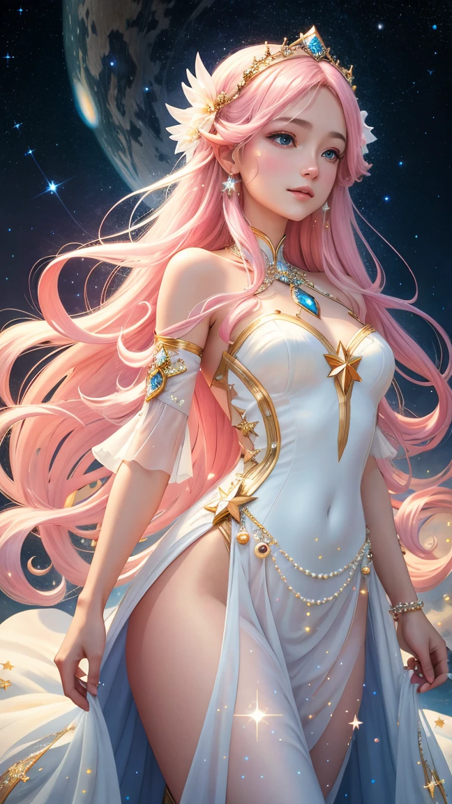 Close-up of a girl with long pink hair and a dress, beautiful and seductive anime woman, Beautiful anime woman, beautiful fantasy anime, Anime girl with long hair, long glowing ethereal hair, 2. 5 D CGI anime fantasy artwork, Beautiful anime girl, Anime fantasy artwork, Fantasy art style, beautiful fantasy art, Beautiful anime artwork, Anime fantasy illustration，Ethereal Fantasy Concept Art of 1 girl, 独奏, long whitr hair,Look at the viewer, shift dresses, Animal ear, exposed bare shoulders, jewely, Extra-long hair, with pink hair, whaite hair, colorfulhair, 耳Nipple Ring, white dresses, Strapless, Gradient hair, Bandeau Dress . snowflower，at winter season，borgar，ssmile，largeeyes，magnificent, celestial, ethereal, painterly, epic, majestic, magical, fantasy art, cover art, dreamy