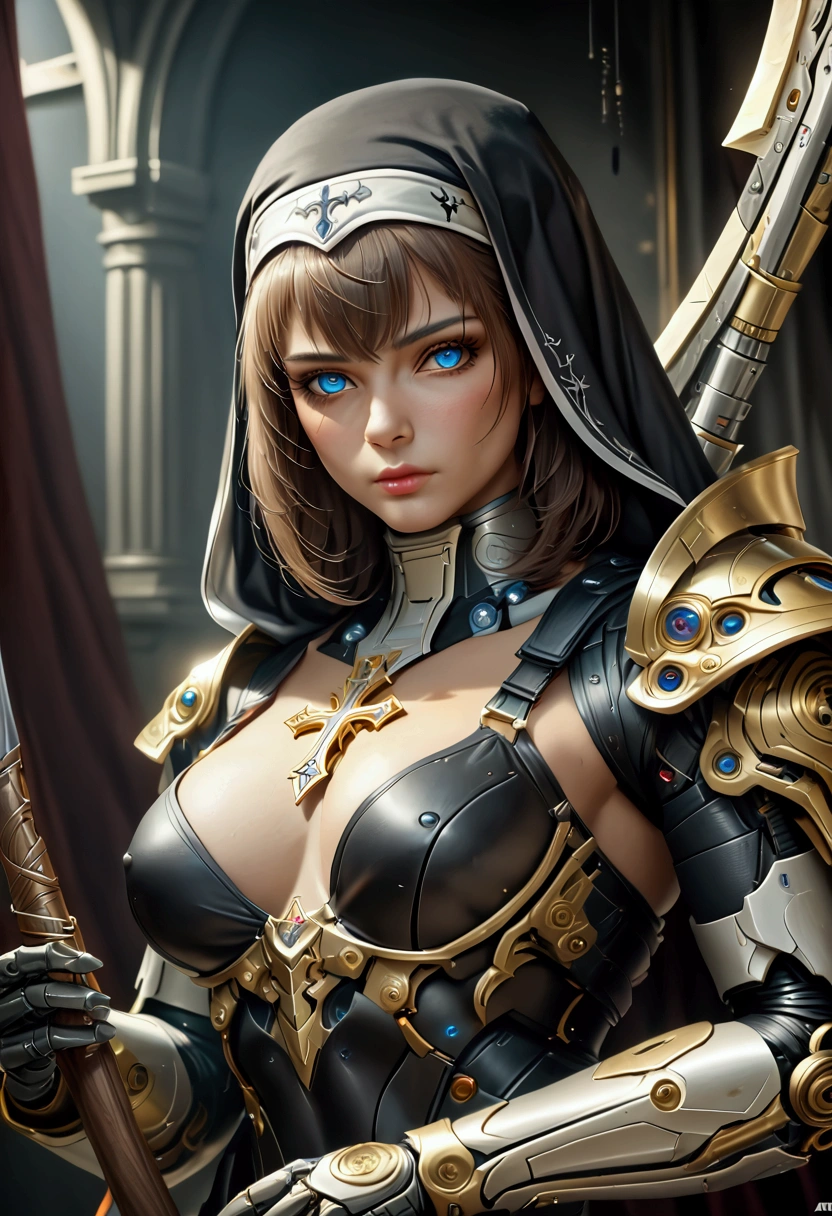 1girl, black hair, blue eyes, wearing full body armored suit, absurdres, high res, ultrasharp, 8K, masterpiece, looking at viewer, cat girl ears same color as hair, mask, hands armored gloves, long cape, global illumination, primitive， tmasterpiece， ultra fine photos， best qualtiy， realisticlying， rays of sunshine， full-body portraits， stunningly beautifu, cleavage breasts， dynamicposes， delicated face， Vibrant eye，Gold parts，Sweat profusely，very highly detailed background， detailed background， opulent， milkyW， highdetailskin， Realistic details of skin，Visible pores，Clear focus，volume fog，8K UHD，digital SLR camera，high high quality，filmgrain，White skin of the，photorealisti，DL，Utopian metropolis of the future，look from down，semi transparent