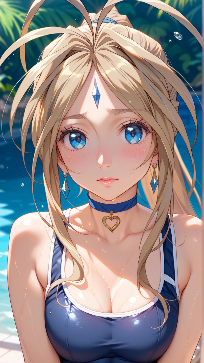 (Belldandy:1.2)、 1 woman 、Light brown hair、Shiny Hair、 high ponytail、 blue eyes、Glamorous eyes、 textured skin、Old school swimsuit、Navy Blue、Wet、 gravure pose、 high definition 、 highest image quality taken by Ki、 top quality、 detailed、 crystal earrings、 heart choker、Embarrassed、( Blur Background :1.2)、