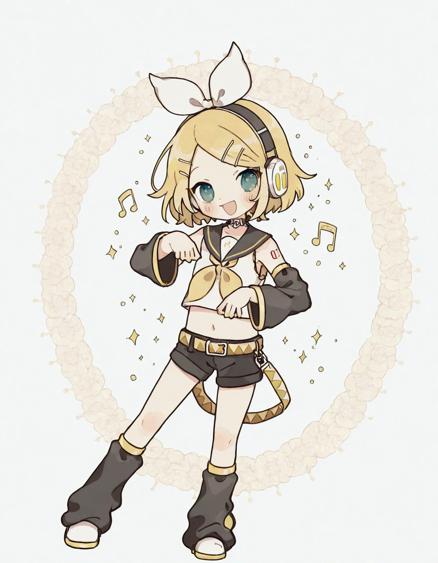 KAGAMINE RIN\(vocaloid\),solo,1female\(cute,kawaii,KAGAMINE RIN\(vocaloid\),chibi,light yellow hair, short hair,red tattoo of numbers"02" on shoulder,(big white bow),sleeveless white shirt,detached black arm bell sleeves,(arm sleeves are black bell sleeves:1.2),belt,sailor collar,yellow wide tie,white headphones,black short pants,black knee high leg warmers,yellow key strap at belt,open shoulder,singing and dancing,(very cute pose:1.5),(korean idol pose:1.5),dynamic pose,(very cute big smile),(dynamic action)\). BREAK .background\(live stage,colorful confetti,pastel color spotlights,(many colorful music note signs),many audience waving yellow glow sticks,\). BREAK .quality\(8k,wallpaper of extremely detailed CG unit, high resolution, top-quality, top-quality real texture skin, hyper realistic, increase the resolution, RAW photos, best quality, highly detailed, the wallpaper, golden ratio, high saturation realism, vibrant colors, dramatic lighting, persuasive storytelling, atmospheric scenery, captivating visuals, intricate details, strong emotions, dreamlike world\),dynamic angle,most cutest picture