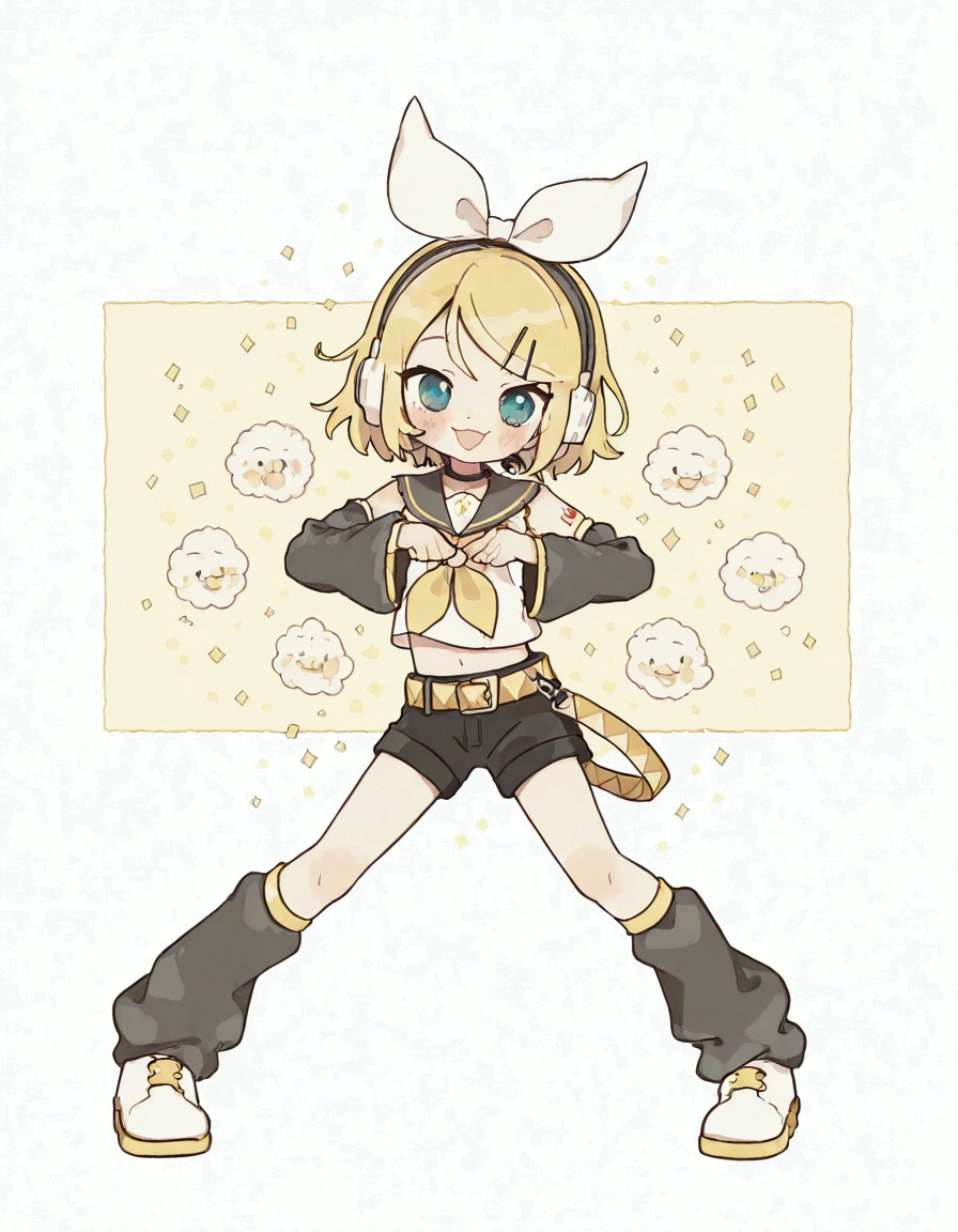 KAGAMINE RIN\(vocaloid\),solo,1female\(cute,kawaii,KAGAMINE RIN\(vocaloid\),chibi,light yellow hair, short hair,red tattoo of numbers"02" on shoulder,(big white bow),sleeveless white shirt,detached black arm bell sleeves,(arm sleeves are black bell sleeves:1.2),belt,sailor collar,yellow wide tie,white headphones,black short pants,black knee high leg warmers,yellow key strap at belt,open shoulder,singing and dancing,(very cute pose:1.5),(korean idol pose:1.5),dynamic pose,(very cute big smile),(dynamic action)\). BREAK .background\(live stage,colorful confetti,pastel color spotlights,(many colorful music note signs),many audience waving yellow glow sticks,\). BREAK .quality\(8k,wallpaper of extremely detailed CG unit, high resolution, top-quality, top-quality real texture skin, hyper realistic, increase the resolution, RAW photos, best quality, highly detailed, the wallpaper, golden ratio, high saturation realism, vibrant colors, dramatic lighting, persuasive storytelling, atmospheric scenery, captivating visuals, intricate details, strong emotions, dreamlike world\),dynamic angle,most cutest picture