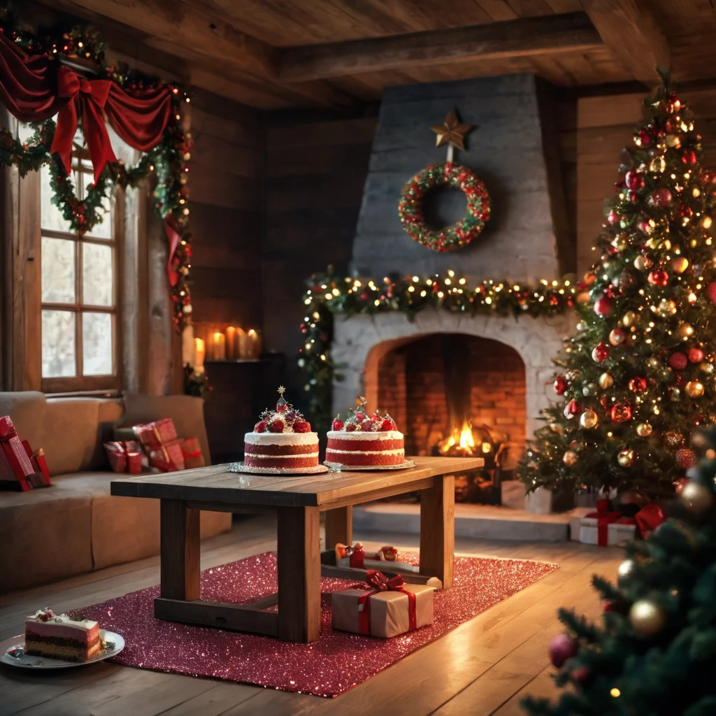 Room decorated for Christmas, Christmas tree, Christmas bells, cake and other food on table, glitter, glitter, intricate detail