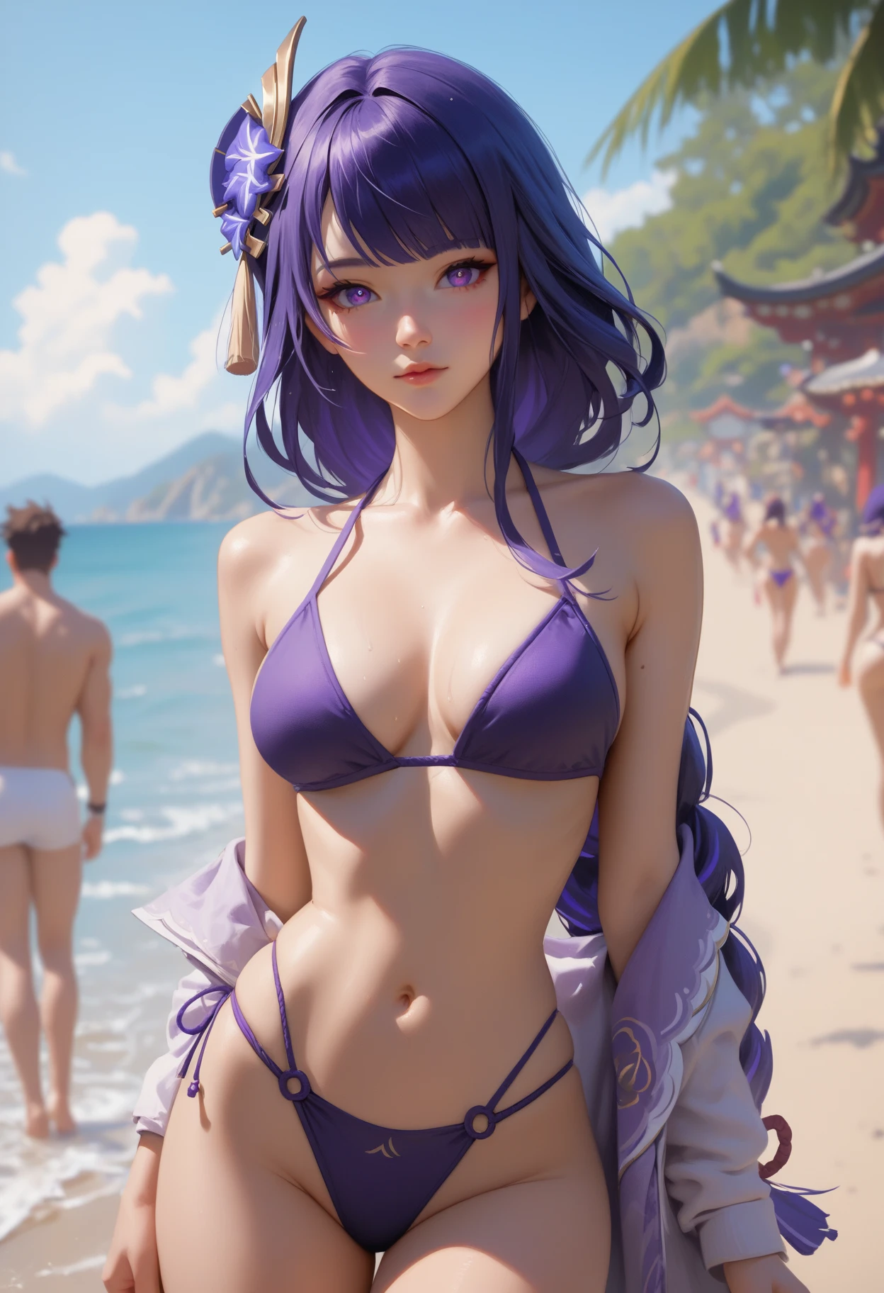 Holding hands,Light blue bikini,beach、Slim body、Slender body、Detailed illustrations、highest quality、first-class