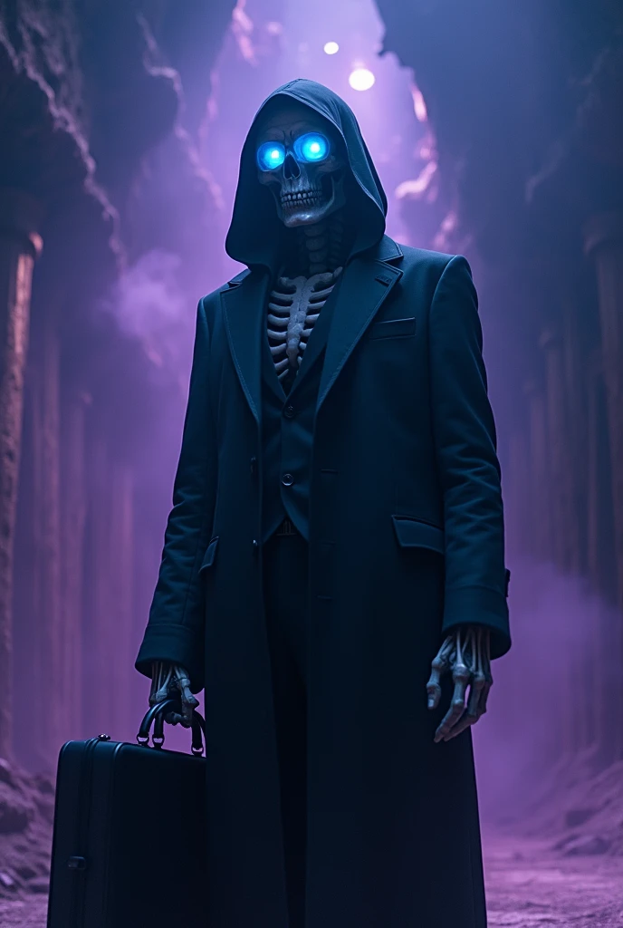 portrait of a character of Bill from gravity falls fused with skeleton sans from underverse, with black tuxedo with yellow and black hood, standing, in the background the illuminated triangle, hyperrealistic, 8k, masterpiece