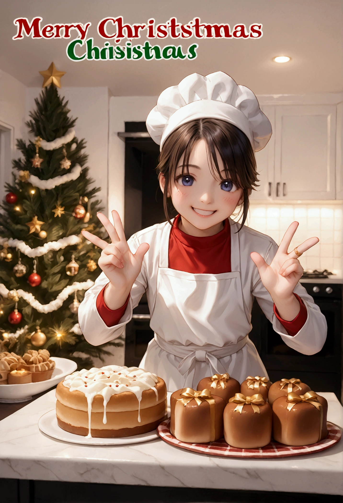 Pastry chefs are very busy during Christmas. Thank you for your hard work, text: "Merry Christmas 2024.12.25", Busy kitchen, clumsy, big smile, 