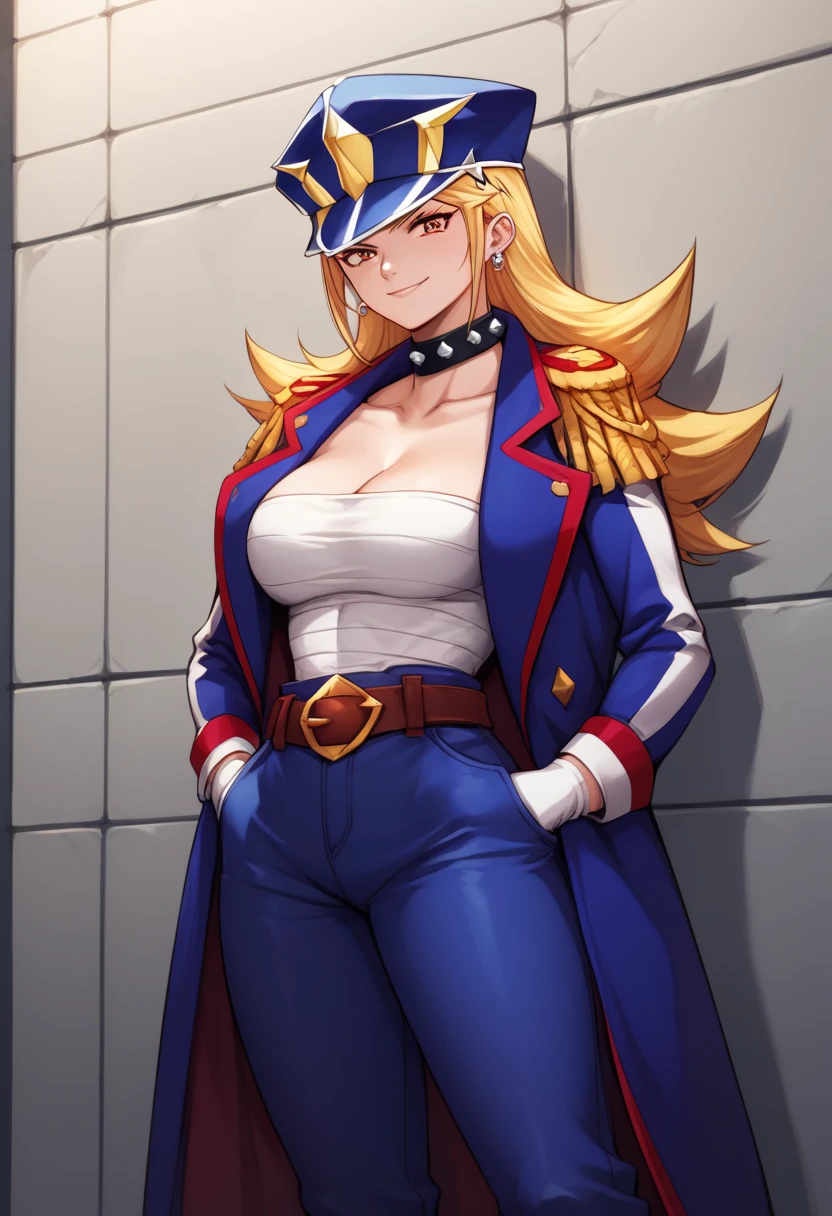 score_9, score_8_up, source_anime, 1girl, solo, KamiuntenMira, long hair, peaked cap, spiked collar, blue coat, epaulettes, sarashi, cleavage, collarbone, white gloves, brown belt, blue pants, hands in pockets, leaning against wall, smirk, 