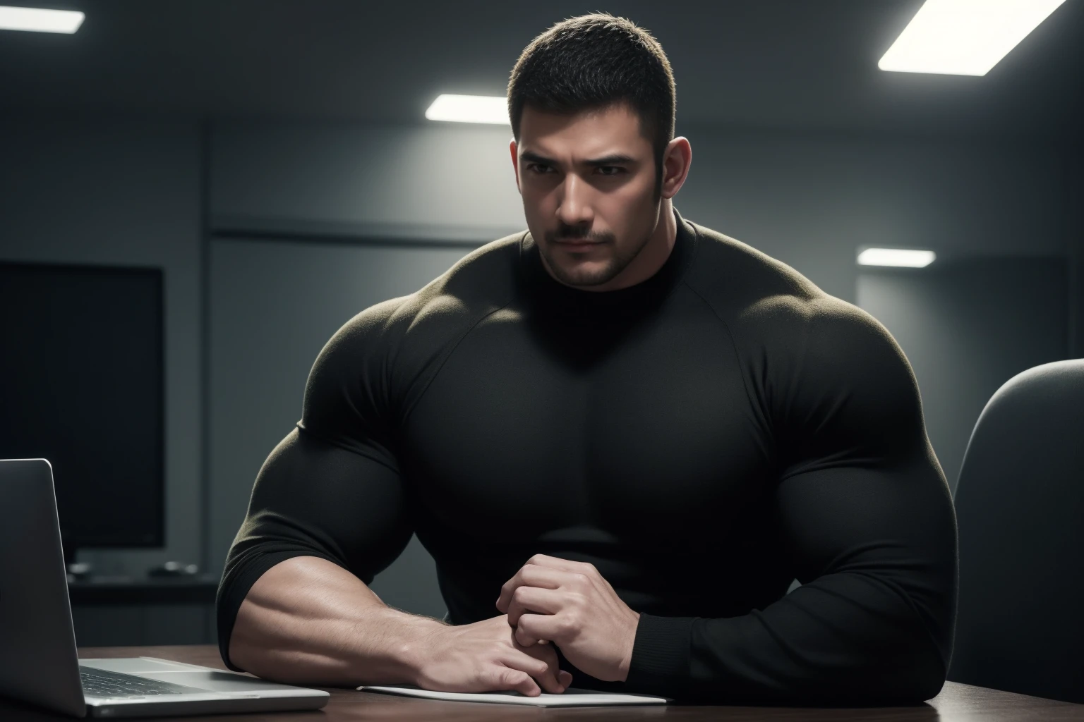 a very handsome young man, massively muscular, with massively large muscles, with massively large biceps, with massively large arms, wearing a plain gray shirt, in front of an interrogation table, on a black background
