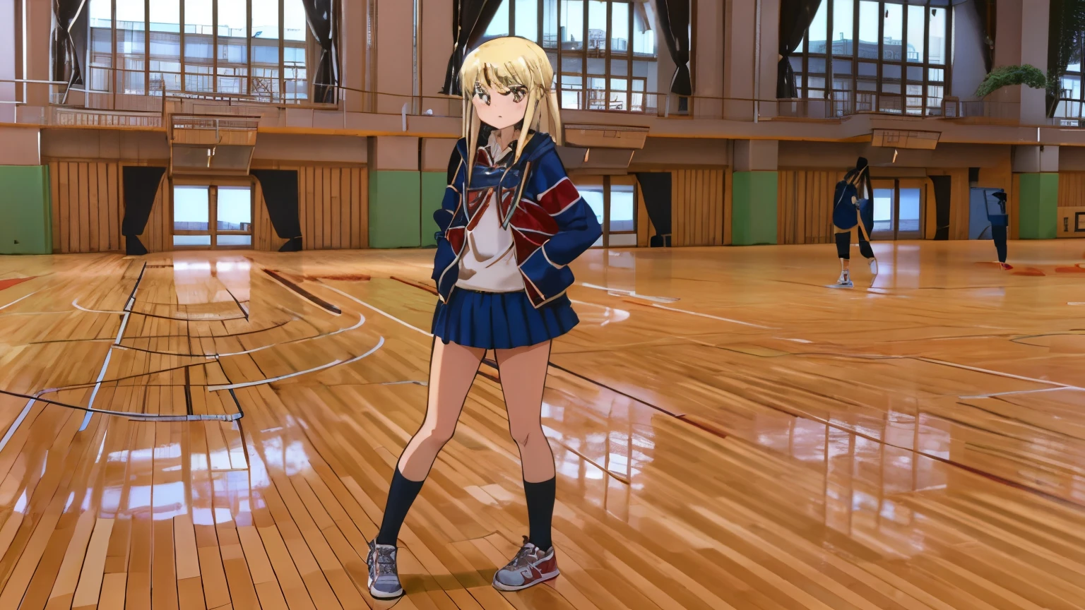 I'm visiting physical education classes alone at the gymnasium due to poor health、KUJO KAREN UNION JACK JACKET, STRIPED BOW, WHITE SHIRT, LONG SLEEVES, PLEATED SKIRT, BLUE SKIRT, KNEEHIGHS, SNEAKERS