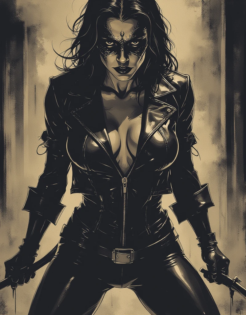 Monochromatic shadows, Atractiva mujer punk metropolitana con tatuajes de cabello negro y belleza siniestra, Tono dual, Hard lighting in the split tone mastery style, Crisp neo-pop artwork, verde azulado claro, Blanco, Salmon and whitish, 32K UHD, Comic art, steampunk, Pop callejero, emotion, cerrar, Vibrante, illustration, ((Usar auriculares)), Antecedentes abstractos, Kinematic