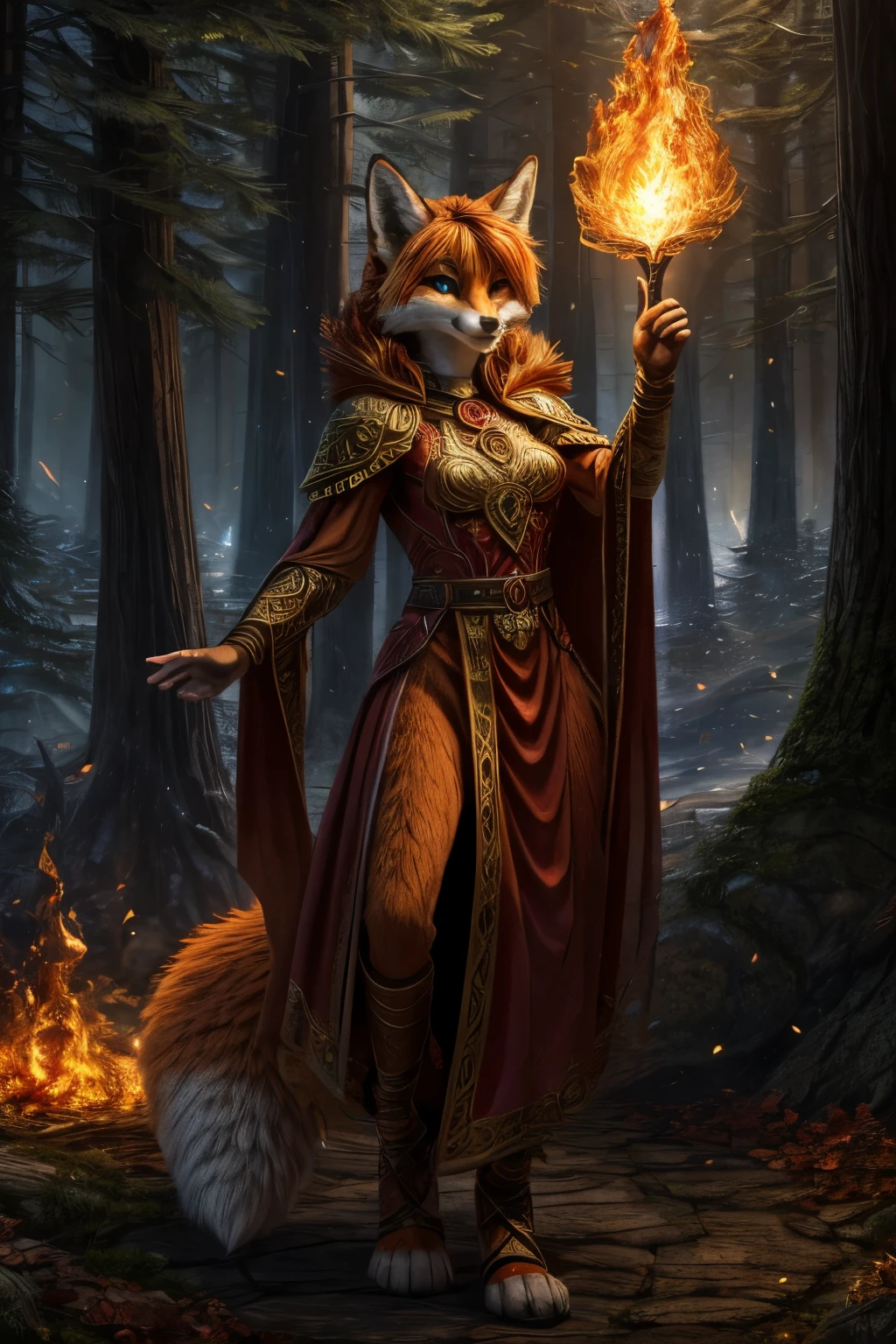 solo character, bright colors, fantasy style art, looking at viewer, facing viewer, beautiful anthropomorphic female fox, elemental fire ninja, fire mage character, mature and young, tall character, 5 feet 11 inches tall, fluffy fox fur, furry fluffy skin, fox paws, fox feet, teal eyes, orange fur, long wavy bright orange hair, shapely body, skinny body, healthy body, purple and red warrior outfit, ornate red clothes, fancy purple patterns and symbols, 2 red dress coattails hanging down her sides, long draping red sleeves, long fluffy fox tail, in a fantasy forest, sunlight coming through the trees, slightly smiling, heroic look, determined expression, waving fire magic around with her hands, flames in the air, fire magic, practicing fire magic, high quality digital art, 2k, professional illustration, highly detailed