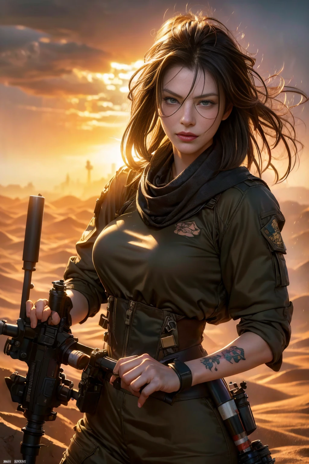 ((masterpiece, highest quality, Highest image quality, High resolution, photorealistic, Raw photo, Extremely detailed CG unified 8k wallpaper)), (huge stunning goddess shot, very hot and sexy, jaw-dropping beauty, perfect proportions, beautiful body, slim body beauty:1.4), (a lot of freckles on face), (a sexy young woman dressed as an armored vehicle driver's uniform), (Various stickers and marks on the uniform), (revealing_clothes), (wearing combat helmet and goggles, Scarf), (Face with camouflage cream, skin that sweat a lot), (a calm expression with a slight smile), (Detailed Tattoo, Irezumi, tattoo, tattoo), (with a large machine gun in her's hand) (Sahara Desert in Africa, Sandstorms), (a fierce battle on the battlefield), Milla Jovovich