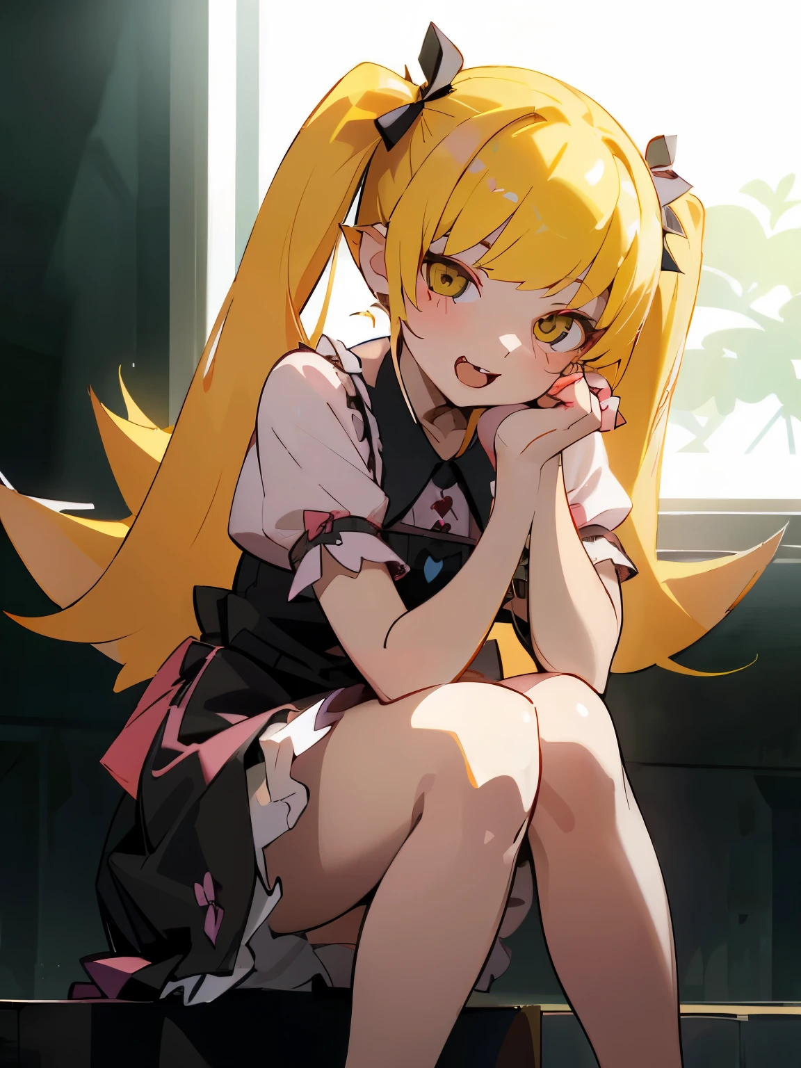 Shinobu、high twintails、jirai fashion、 One Girl 、woman、blush、cute、cute顔、 Portrait Global Illumination, hdri, Scattered beneath the surface, masterpiece, 4K,  ray tracing,  beautiful,  sharp,  smooth skin、Anime Painting、blonde hair、 long hair、front view、 charming thighs 、open mouth、fangs、looking at viewer、shoot from front、smile、Good mood、make a heart with own hands、sitting sideways、 yokozuwari