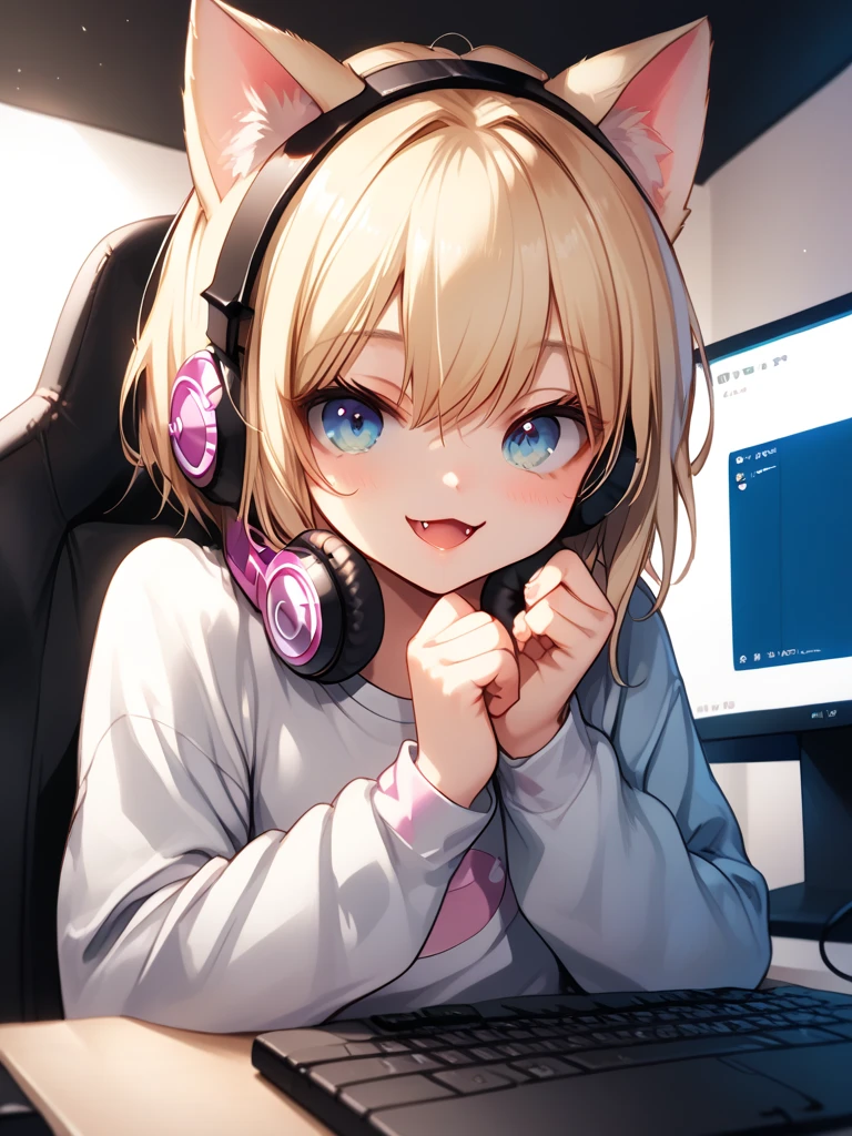 good quality, twitch, split hair, black and blonde, oversized T-shirt with long sleeves, computer, ((headphones with cat ears)) sitting on a computer chair, flat chest, short hair, long bangs, (((adult))), beautiful face, happy face, nice hands,view from below