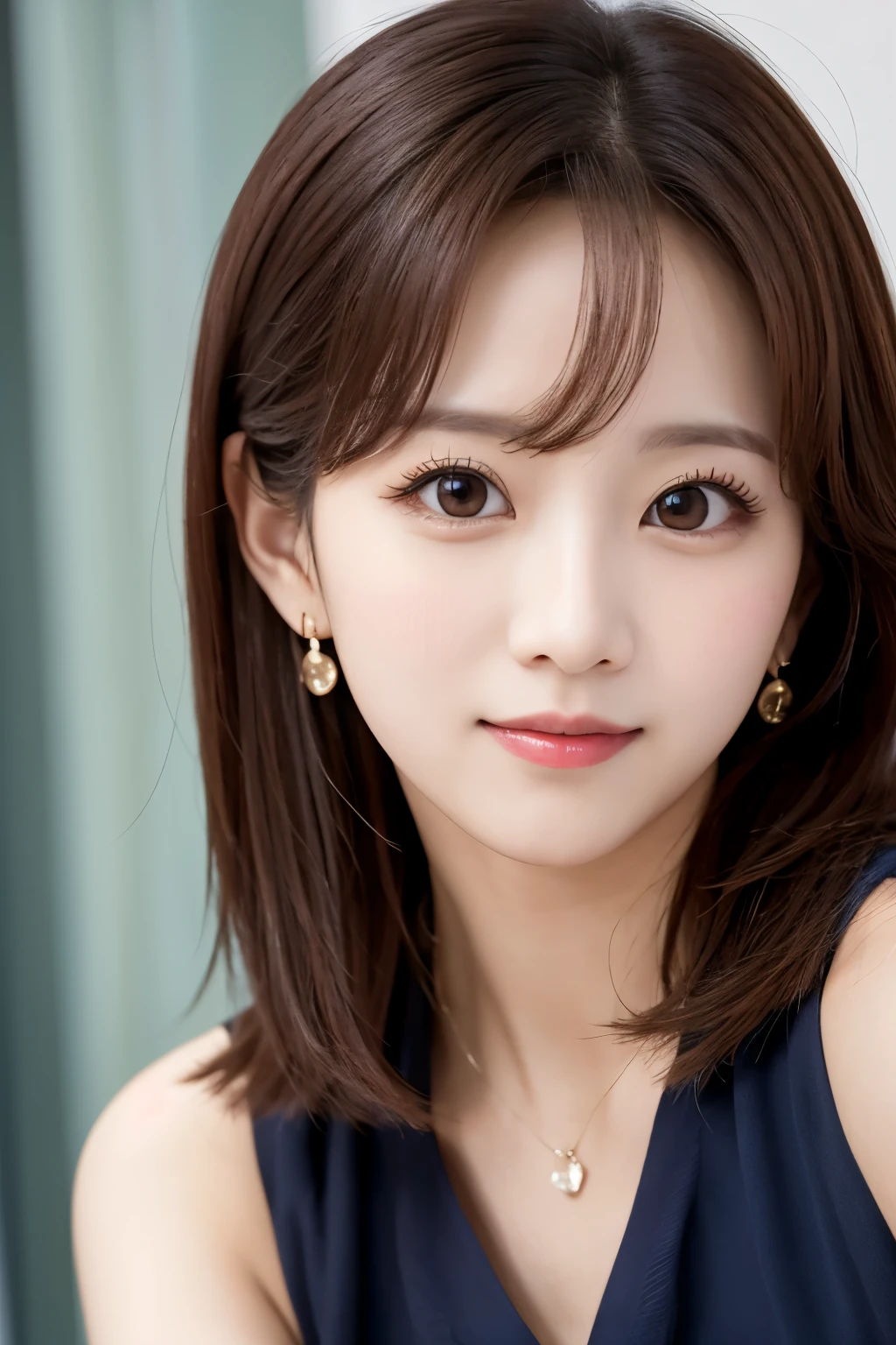 Araffe asian woman with long brown hair wearing a blue dress - SeaArt AI