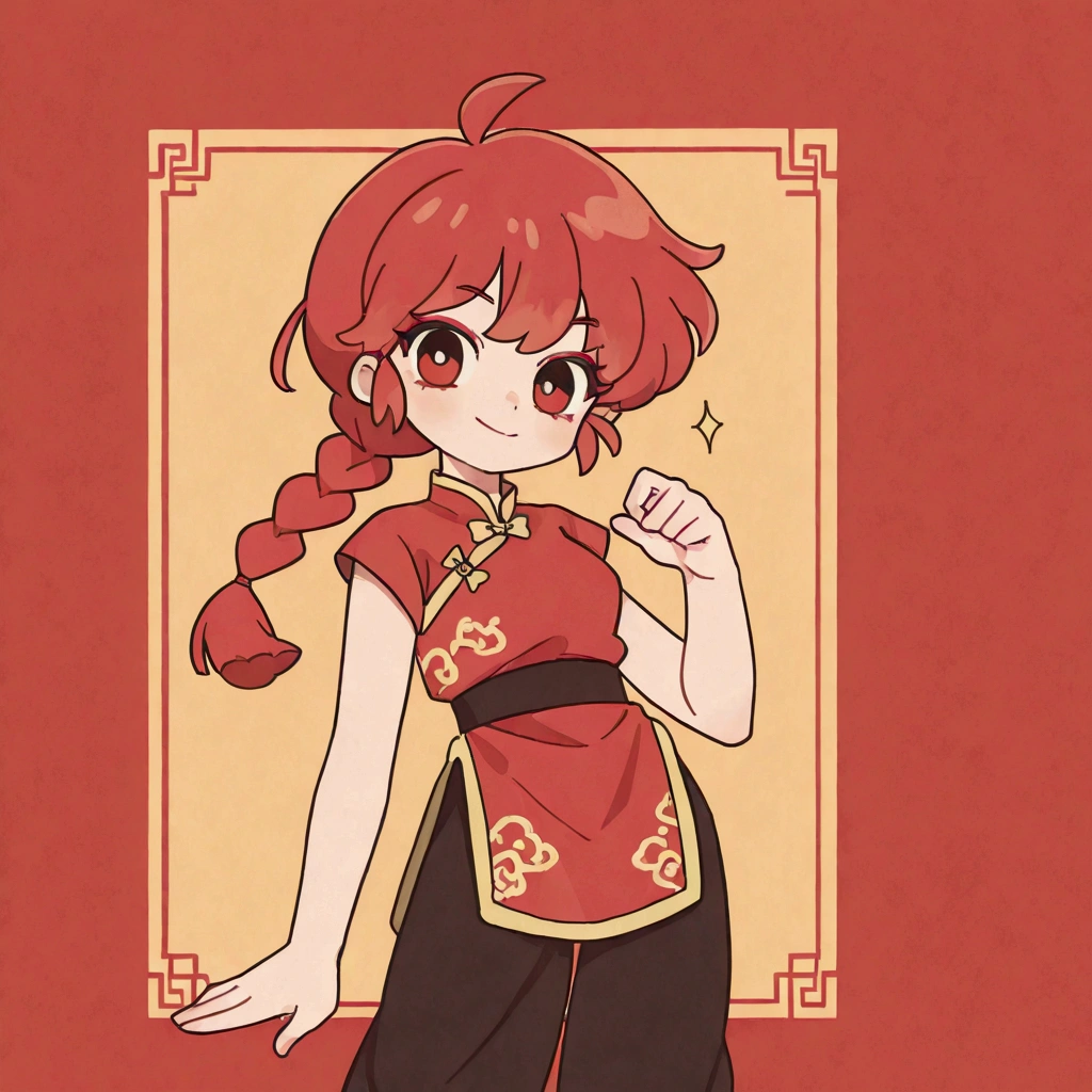 (solo:1.3),1girl\(Ranma, the main character of anime\(Ranma1/2\),cute,sexy, braided red hair, red eyes, red Chinese clothes, smiling, ranma saotome, braid, red hair, single braid, braided ponytail, red eyes,pants, chinese clothes, tangzhuang, dynamic kung fu action pose,purple eyeshadow).background\( panda from ranma,simple chinese design\). BREAK .quality\(8k,wallpaper of extremely detailed CG unit, high resolution, top-quality, top-quality real texture skin, hyper realistic, increase the resolution, RAW photos, best quality, highly detailed, the wallpaper, golden ratio, high saturation realism, vibrant colors, dramatic lighting, persuasive storytelling, atmospheric scenery, captivating visuals, intricate details, strong emotions, dreamlike world\),(dynamic angle:1.4)