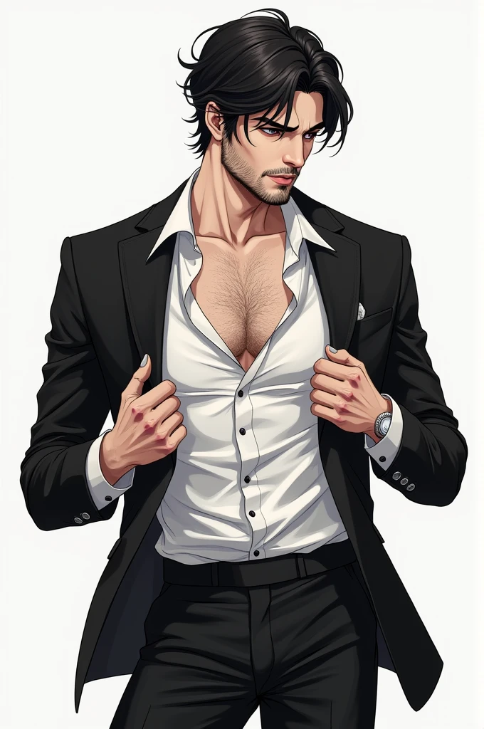 Ruggedly handsome older man DILF, with black hair, wearing dark suit. Dominant, Confident, bdsm, stood in bedroom