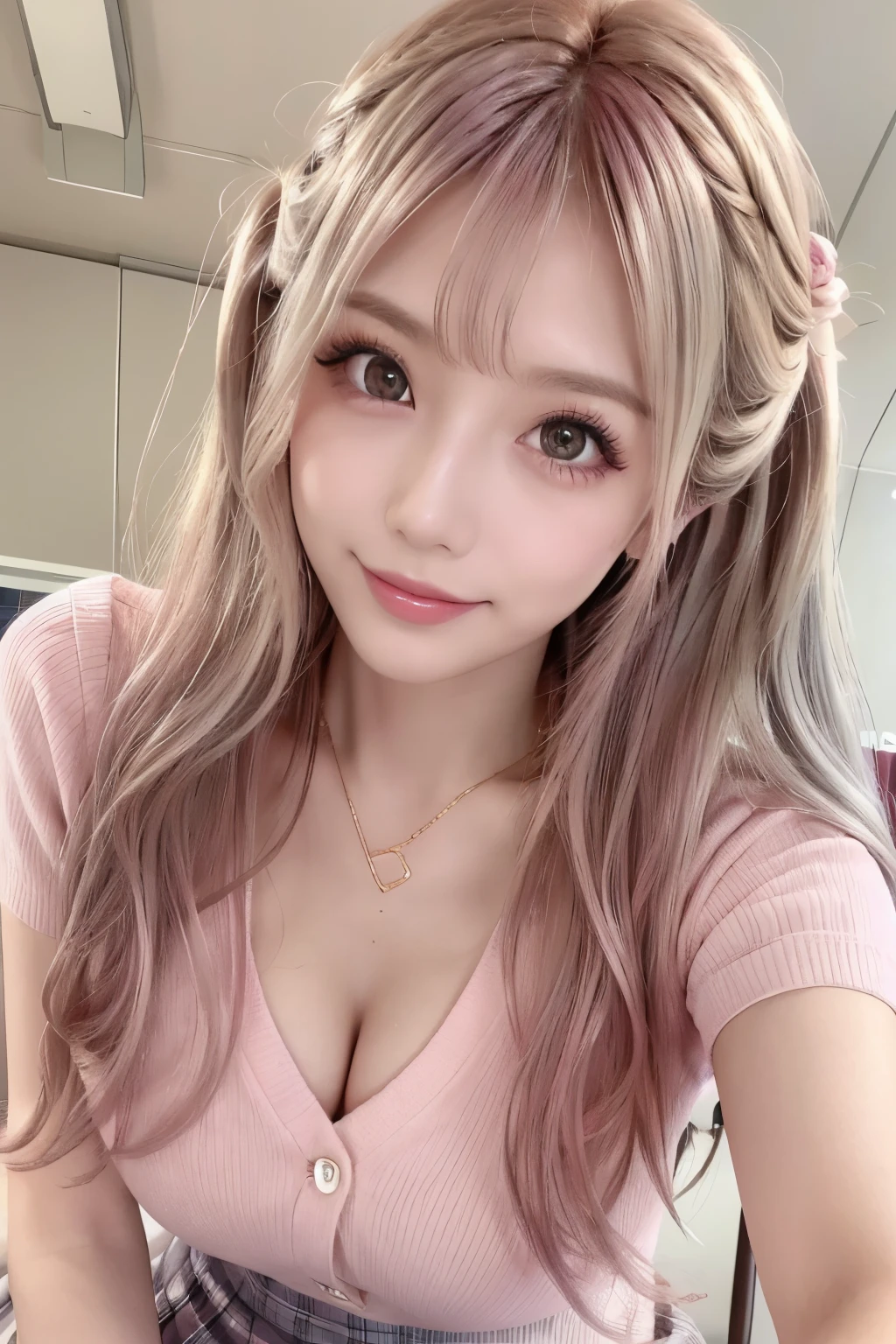 masterpiece, 8k, photo realistic ,  realistic , 非常に  Details,  super high resolution , ///1 person,  most beautiful, 20 years old , ( sexy,  Japanese idol ), (Gray Hair:1.2),///  human detail shiny skin ,  Detailsな肌 , Beautifully  Details face, RAW photo, ( top quality,  Details:1.3), top quality, (非常に  Detailsな), ハイパー  Details, (繊細で  Detailsな), (複雑な  Details), (Cinematic Light,  top quality Backlights), Clear lines,  soft Light,  mysterious in another dimension, Magic Looking ,  soft,  curly hair  、 Slender,  Candid Impressions of Girls ,  big, well-shaped breasts ,  beautiful skin,  cleavage when lying down, whole body,  perfect body,,, Particles of light,  cute face,  Japanese high school girls , ,  upper body photo, She narrowed her eyes、 looks at me while smiling shyly , 美しく Detailsな目の絵, (Droopy eyes:1.3),  dark eyes,  thin eyebrows, Draw eyelashes carefully,  gal makeup, ( pink gold wavy hair ,  medium hair up to buttocks, Middle Part  :1.3), ( hidden eyelid crease slightly to the side:1.3), Wearing a clean white button-up shirt.,  short pleated skirt with grey plaid, Angle taken from below,  school classroom