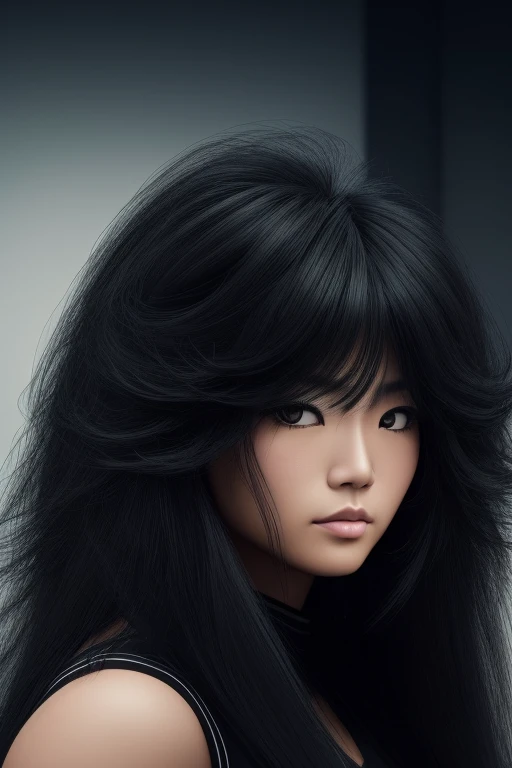 most very jet black hair,most very long hair,most very lion hair,most very wolf hair,most very frizzy hair,coarse hair,most very spread hairstyle,thick hair,fluffy hair,most very heavy weight hair,heavy looking hairstyle,most very voluminous hair,shiny jet black hair,woman's hair is covering all right eye,1 Japanese woman,female jail officer,black uniform,a heavy-looking uniform,black pants,tall woman,woman's height 2.5m,most very strong face,most very angry face,black eyes,very close-up to face,most very muscle body,most very beautiful face,show more hair,high resolution,green background