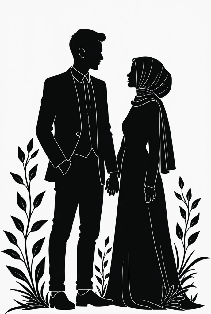 um casal, one man and one woman, Tall man, Short woman, dressed in modest clothing. pencil draw