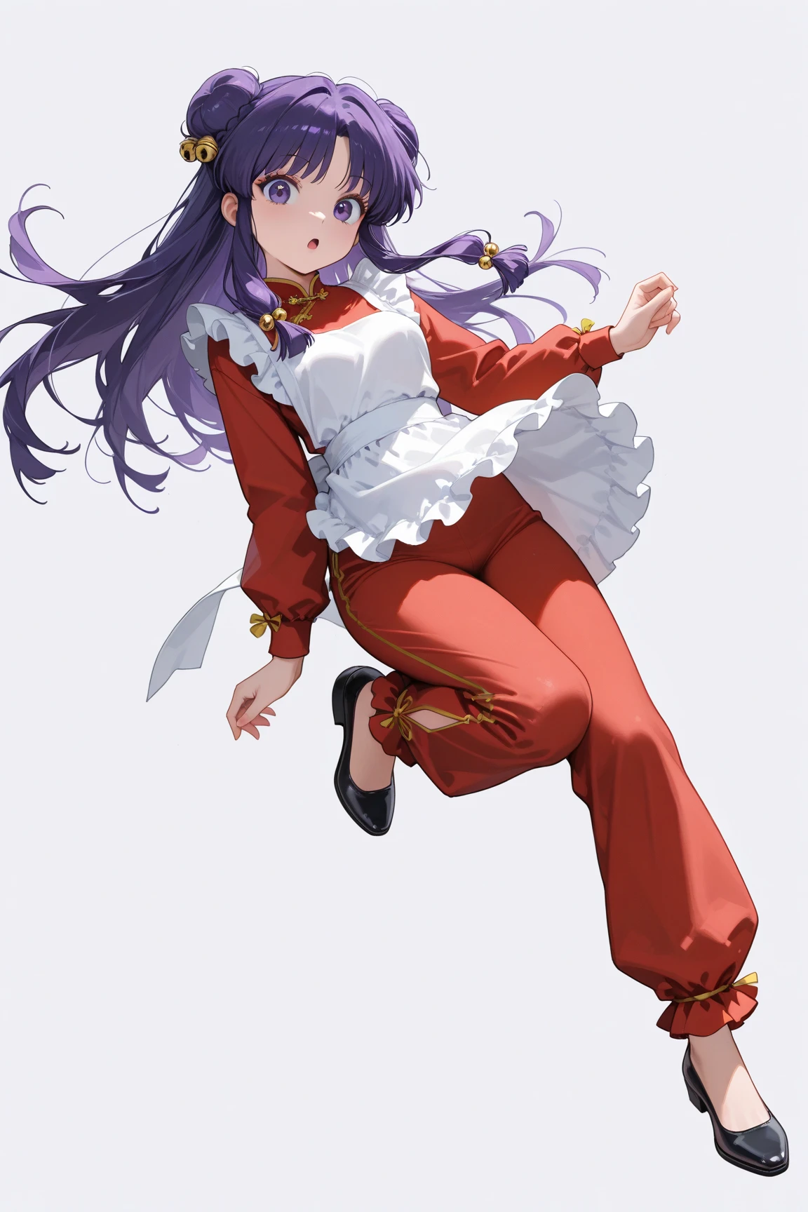 text "Oops ",(Alone:1.3),1girl\(shampoo, character of anime\(ranma1/2\),cute,sexy, surprised face ,open mouth,long hair, looking at viewer, bangs, simple background,  hair ornament , white background, dress, purple eyes, full body, purple hair, sidelocks, hair bun, bell, double bun, chinese clothes, red short dress, (red pants:1.3), hair bell, eyeshadow, frilled apron, surprised pose\).background\( simple chinese design,(pink 1cat:1.3)\). break .quality\(8k,wallpaper of extremely detailed CG unit, high resolution, top-quality, top-quality real texture skin, hyper realistic, increase the resolution, RAW photos, best quality, highly detailed, the wallpaper, golden ratio, high saturation realism, vibrant colors, dramatic lighting, persuasive storytelling, atmospheric scenery, captivating visuals, intricate details, strong emotions, dreamlike world\),(dynamic angle:1.4)