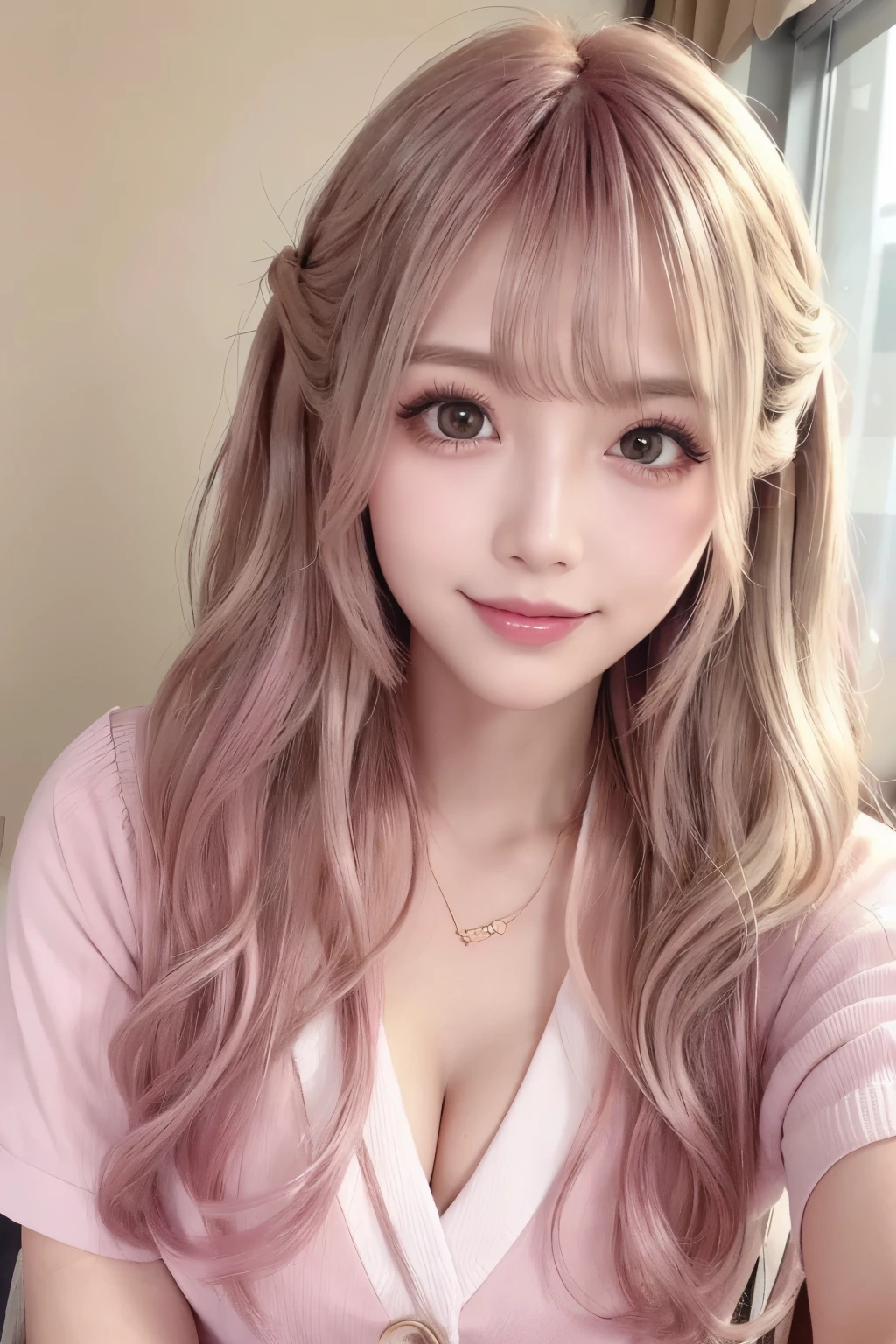 masterpiece, 8k, photo realistic ,  realistic , 非常に  Details,  super high resolution , ///1 person,  most beautiful, 20 years old , ( sexy,  Japanese idol ), (Gray Hair:1.2),///  human detail shiny skin ,  Detailsな肌 , Beautifully  Details face, RAW photo, ( top quality,  Details:1.3), top quality, (非常に  Detailsな), ハイパー  Details, (繊細で  Detailsな), (複雑な  Details), (Cinematic Light,  top quality Backlights), Clear lines,  soft Light,  mysterious in another dimension, Magic Looking ,  soft,  curly hair  、 Slender,  Candid Impressions of Girls ,  big, well-shaped breasts ,  beautiful skin,  cleavage when lying down, whole body,  perfect body,,, Particles of light,  cute face,  Japanese high school girls , ,  upper body photo, She narrowed her eyes、 looks at me while smiling shyly , 美しく Detailsな目の絵, (Droopy eyes:1.3),  dark eyes,  thin eyebrows, Draw eyelashes carefully,  gal makeup, ( pink gold wavy hair ,  medium hair up to buttocks, Middle Part  :1.3), ( hidden eyelid crease slightly to the side:1.3), Wearing a clean white button-up shirt.,  short pleated skirt with grey plaid, Angle taken from below,  school classroom