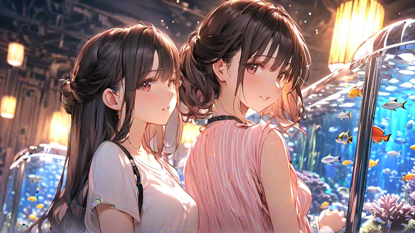 Highest quality、High resolution、Detailed Background、(Beautiful face in every detail:1.4)、Anatomically correct、(Normal number of fingers:1.2)、Detailed eyes、Teenage beauty、Highly detailed face、Perfect body line、Light color hair、Bobcut、Braided Ponytail、Braided twin tails、well-groomed eyebrows、Natural beauty、Excited、(Under the night sky:1.2)、A fun atmosphere、Cowboy Shot、(Two girls searching for and observing fireflies:1.5)、
The girl's eyes sparkle、The small hand points to the surface of the river、My friend and I are following the glow of fireflies through the bushes.、
While calling out to each other, they searched carefully through the grass.、The light of fireflies appearing one by one from among the bushes、
Using the light of a flashlight, I approached quietly and observed、The girls are fascinated by the fireflies that shine so hard with their small bodies.、
Friends watching fireflies through a magnifying glass and drawing pictures in a sketchbook、Open the illustrated book and discuss the types of fireflies and their ecology.、
Incorporate bright colored tops and reflective materials instead of just black or navy blue、T-shirts, shorts, etc.、Black leggings、sandals、Insect repellent spray、flashlight、drink、towel、Insect netting、Keep the flashlight light low、magnifying glass、Illustrated Book、Wonderful summer memories、cute