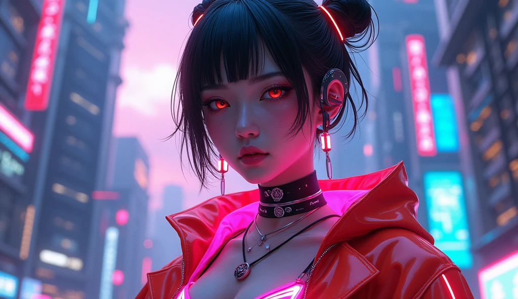 (SFW), Intricate details, 1 Girl, night, (Bright neon colors), ((Flying over the future cyberpunk city)), Detailed background, (Petite Girl, ((Cute perfect face, Bright glowing red eyes)), (Perfect anatomical structure, Petite and lively breasts), (#12: Extra Long Orange and White Ombre Hair, Hair blowing in the wind)), Delicate ribbed bodysuit, Scapula, Mechanical limbs, Dynamic Angle,