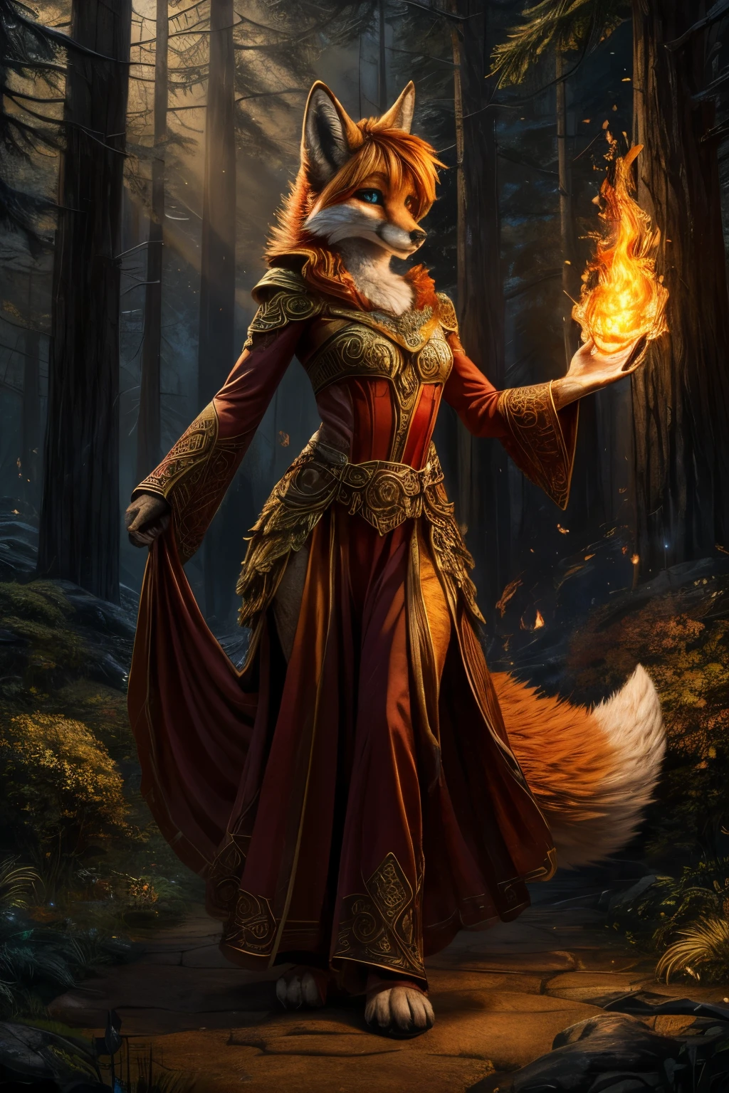 solo character, bright colors, fantasy style art, looking at viewer, facing viewer, beautiful anthropomorphic female fox, elemental fire ninja, fire mage character, mature and young, tall character, 5 feet 11 inches tall, fluffy fox fur, furry fluffy skin, fox paws, fox feet, teal eyes, orange fur, long wavy bright orange hair, shapely body, skinny body, healthy body, purple and red warrior outfit, ornate red clothes, fancy purple patterns and symbols, 2 red dress coattails hanging down her sides, long draping red sleeves, long fluffy fox tail, in a fantasy forest, sunlight coming through the trees, slightly smiling, heroic look, determined expression, waving fire magic around with her hands, flames in the air, fire magic, practicing fire magic, high quality digital art, 2k, professional illustration, highly detailed